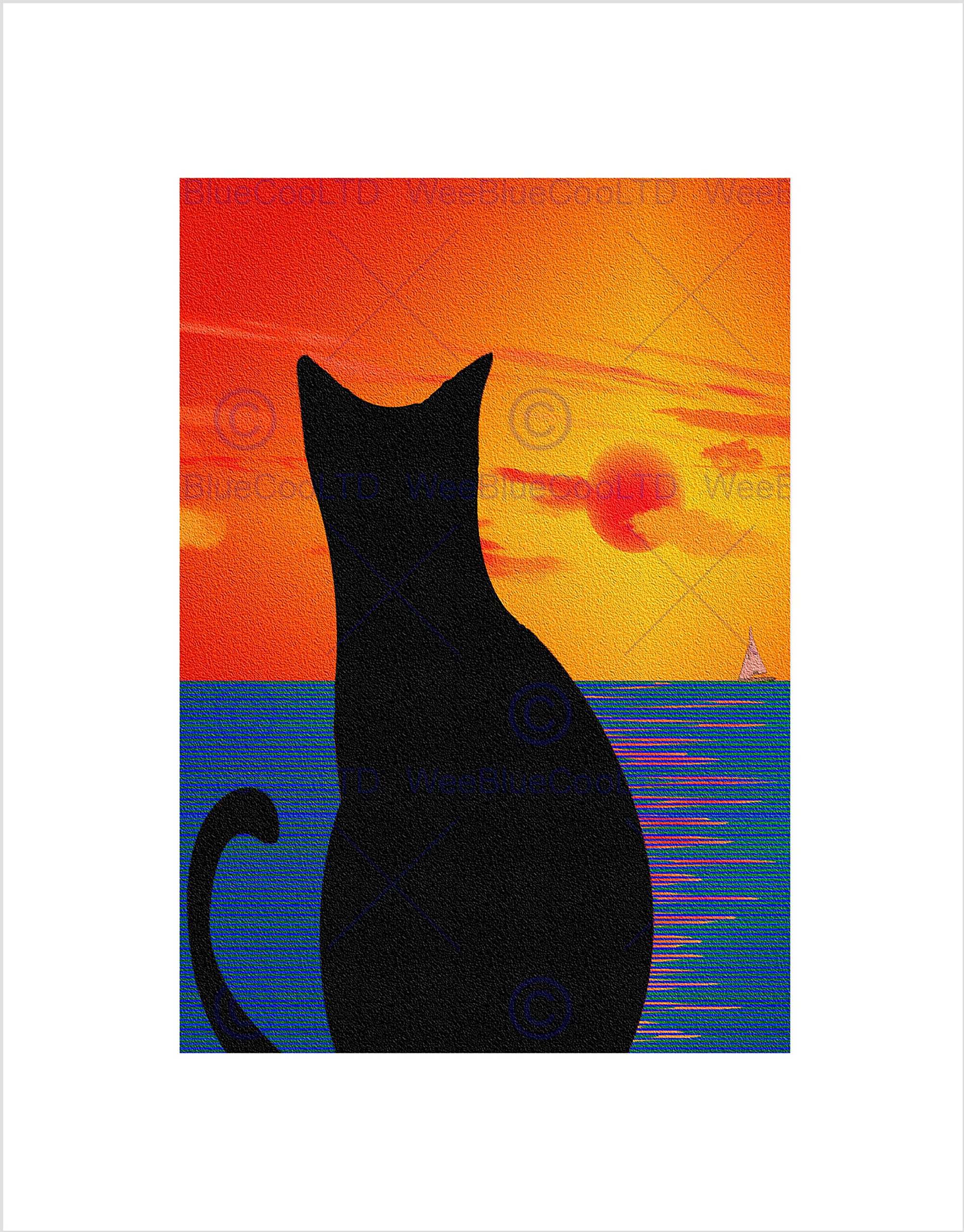 Wee Blue Coo Cat Landscape Abstract Silhouette Sunset Sea Boat Wall Art Print