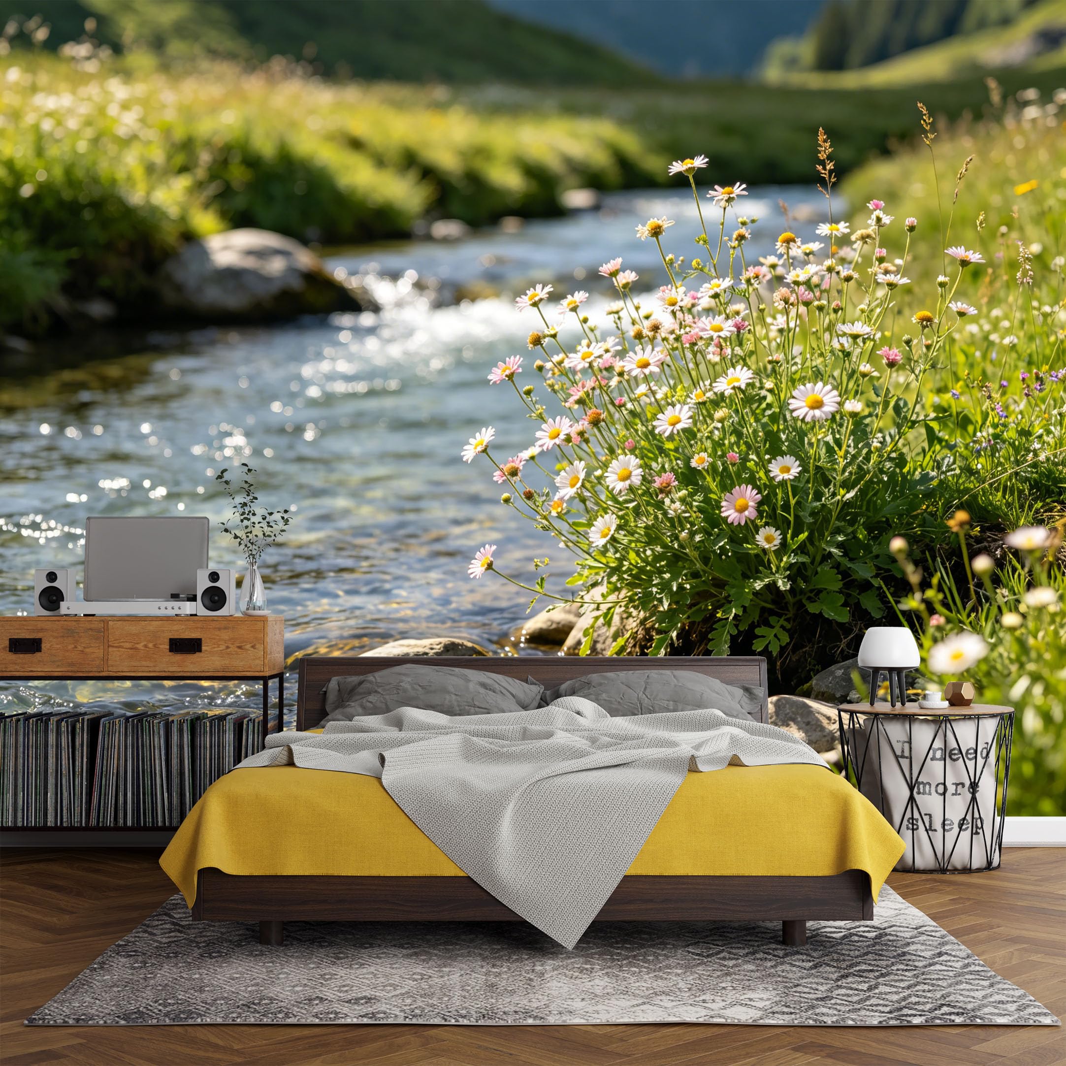 Custom Size Wall Mural， Landscape Mountain Stream Wildflower Meadow Nature Scenic View，SelfAdhesive Art Prints wall Fabric (No PVC) Removable Wallpaper Living Room Decor