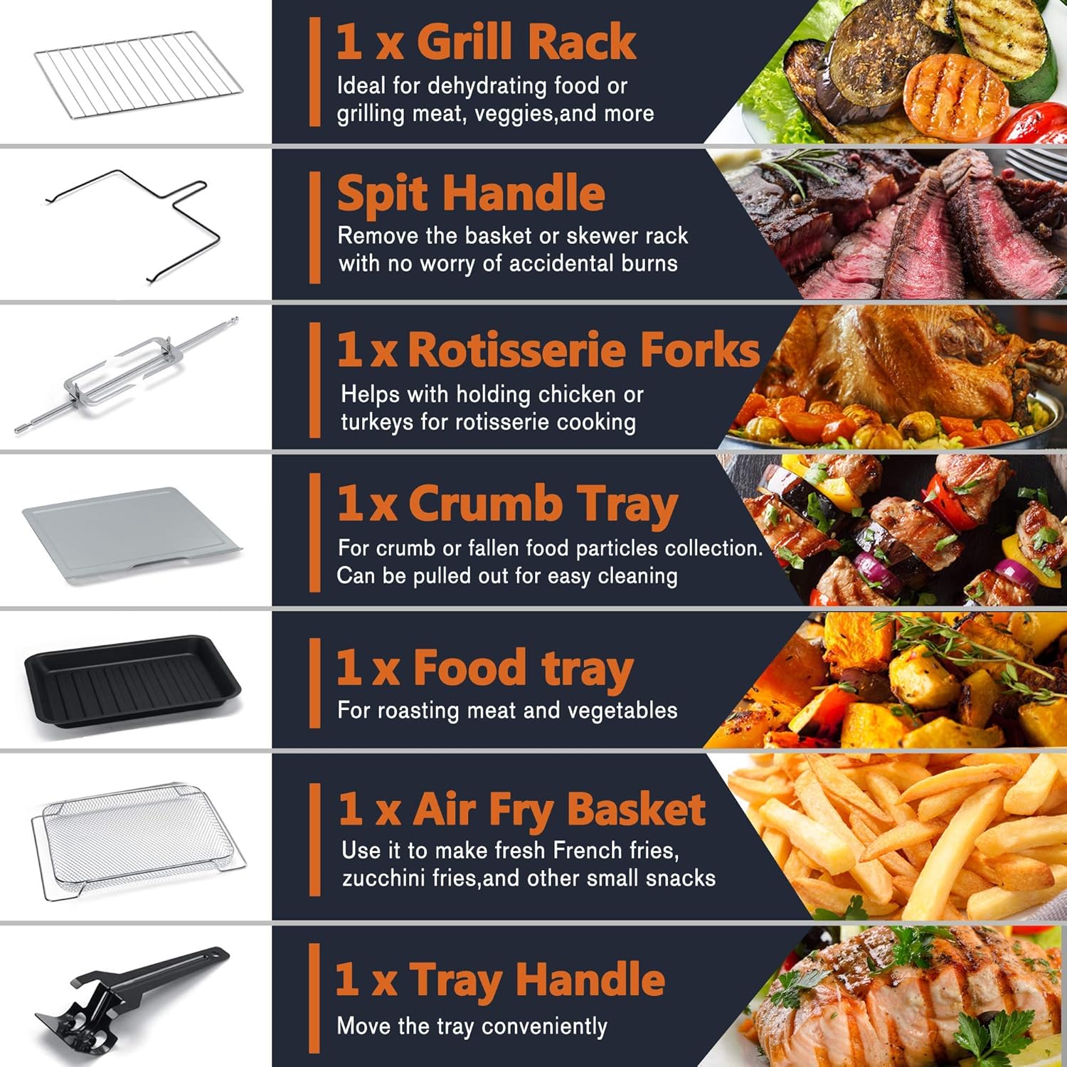 Diagram showing all included accessories: Grill Rack, Spit Handle, Rotisserie Forks, Crumb Tray, Food Tray, Air Fry Basket, and Tray Handle.
