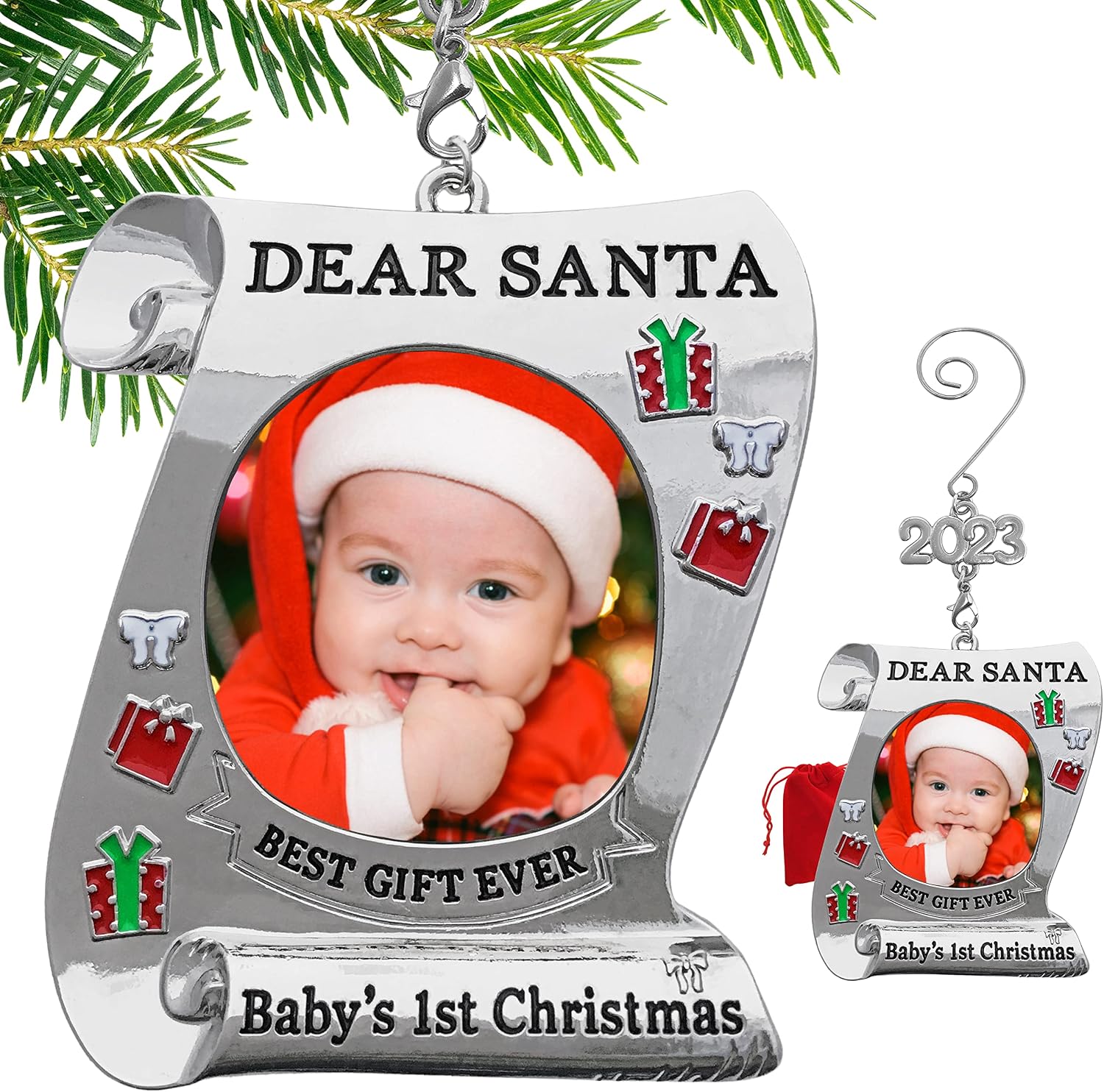 BANBERRY DESIGNS Baby's First Christmas Keepsake Photo Ornament - 2023 Dated Ornament for Newborn - Dear Santa Picture Holder - Baby 1st - Gift/Storage Bag Included