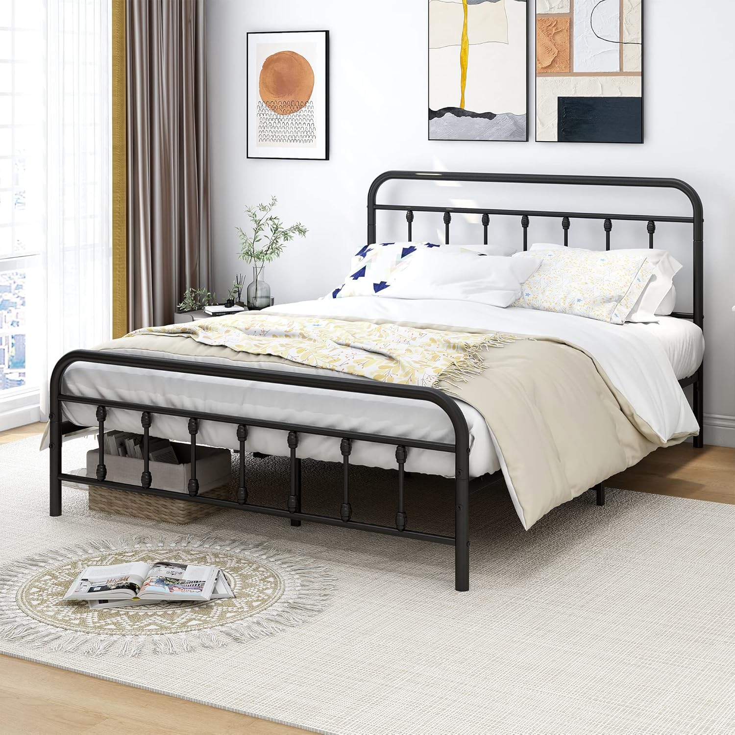 DUMEE Queen Bed Frame with Headboard and Storage No Box Spring Needed Metal Platform Bed Frame Queen Size with Bed Slats Support,Textured Black - Image 8