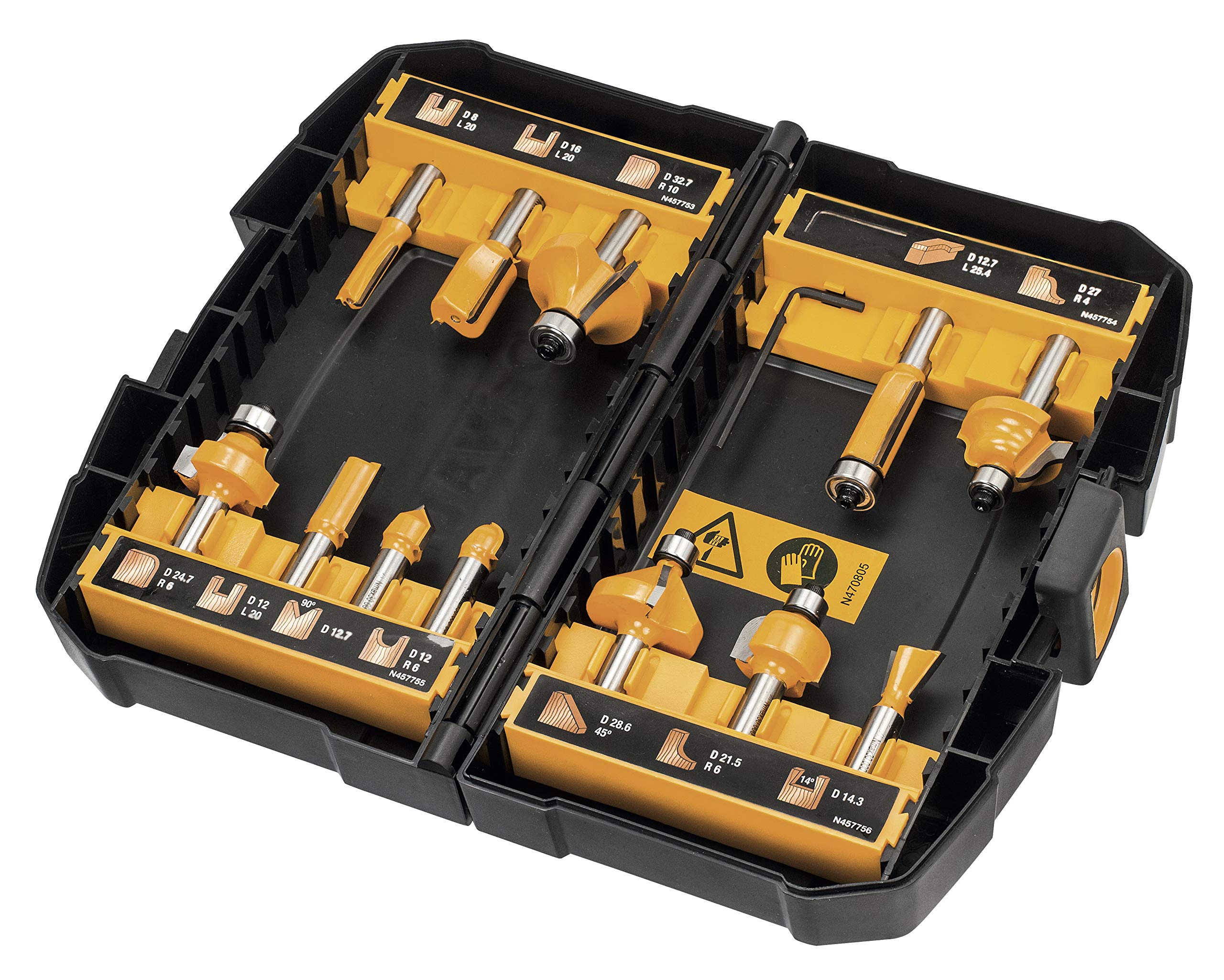 DEWALT - Affleureuse Défonceuse Brushless XR 18V - Plongée 55mm & Coffret 12 Fraises de Défonceuse - DT90016-QZ - Set de Fraises à Rainurer bois en Acier avec Coffret de Transport - Manche Ø 8mm