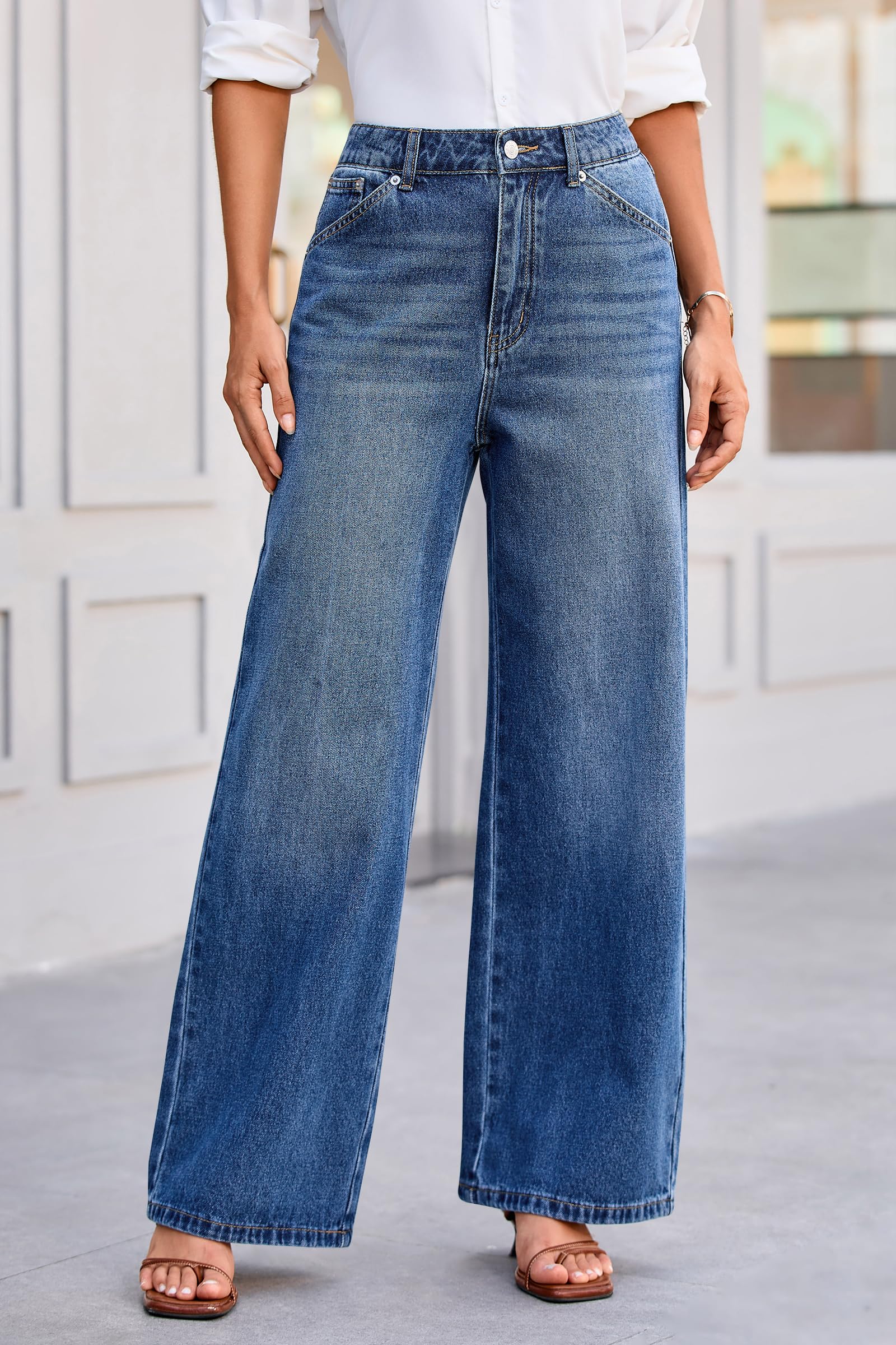 Cicy Bell Jeans da donna a vita alta baggy denim pantaloni boyfriend pantaloni con gamba larga e tasche