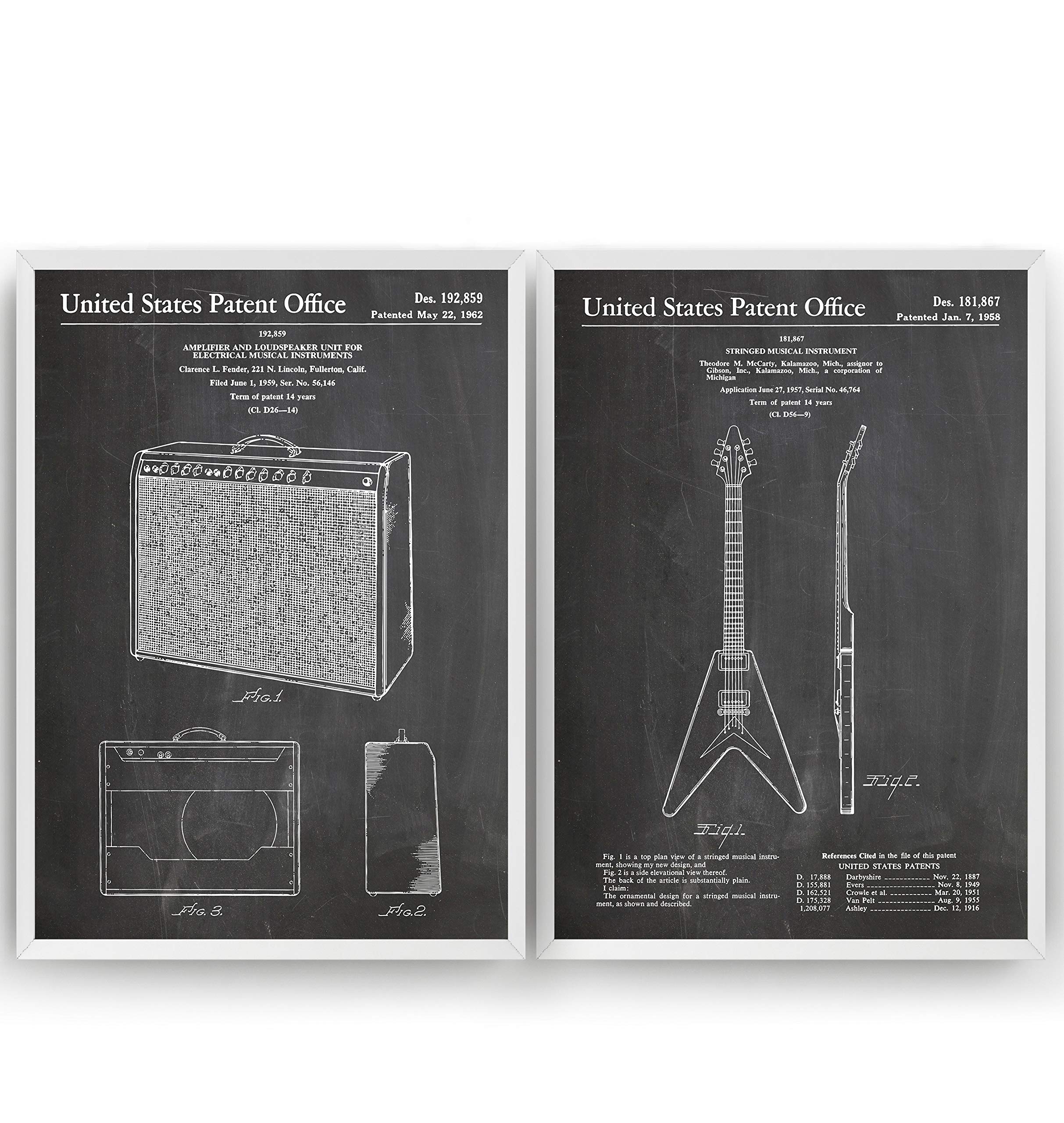 Magic Posters Flying V Guitar 1958 + Amplifier 1962 Set of 2 Patent Prints - Poster Gift Blueprint Retro Wall Art Original Decor - Frame Not Included