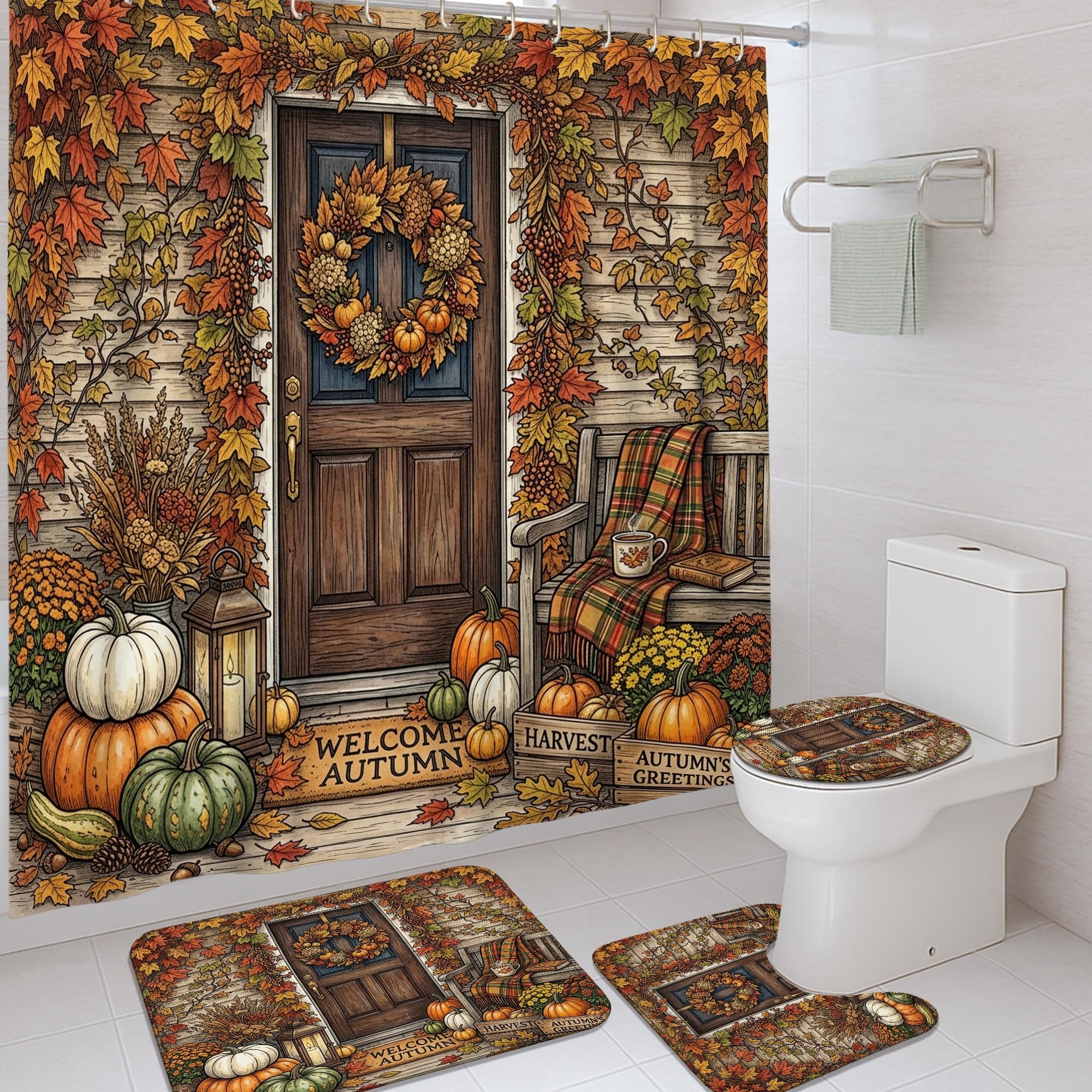 Rideau de douche automne en toile rustique pour créer une salle d'eau chaleureuse et cosy