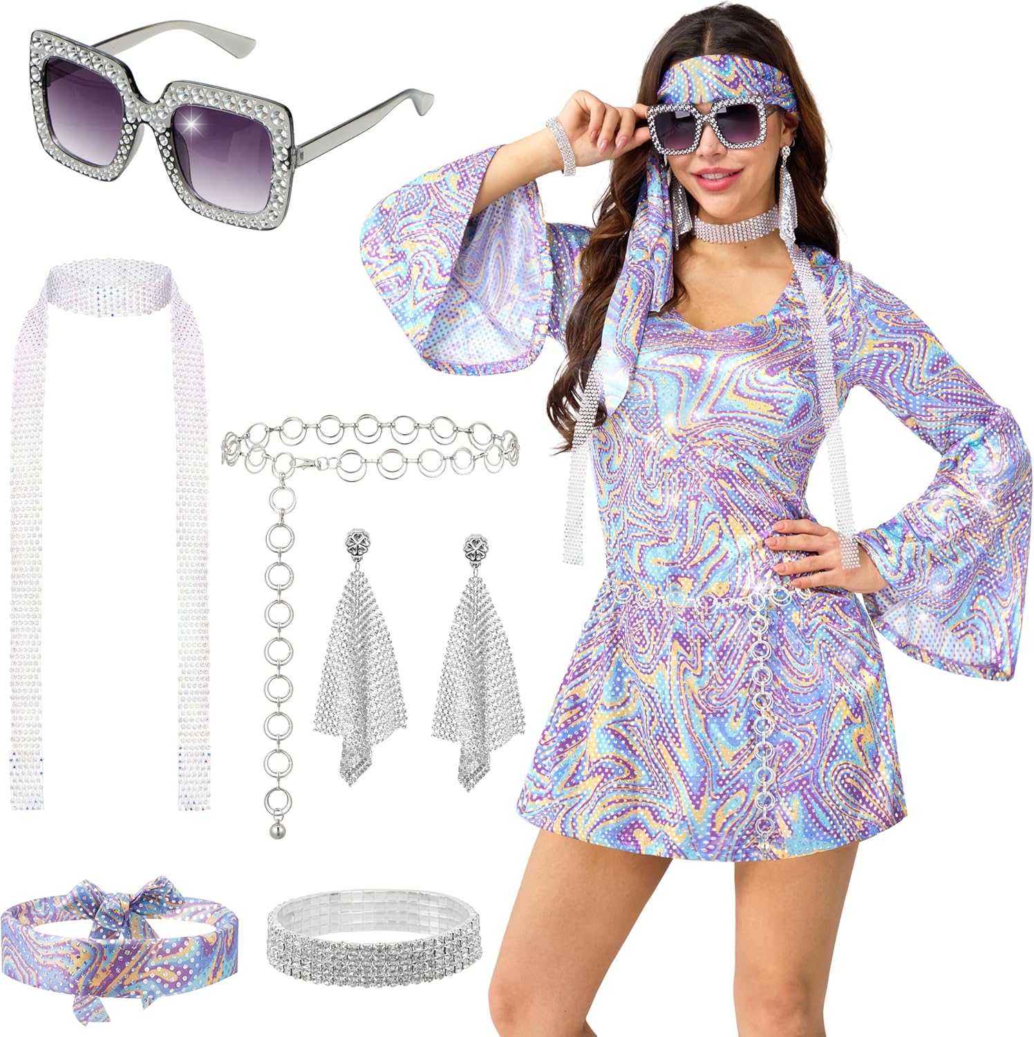 Spooktacular Creations 70s Disco Outfits for Women, Halloween Dress with 70s Accessories for Halloween Costumes Dance Party