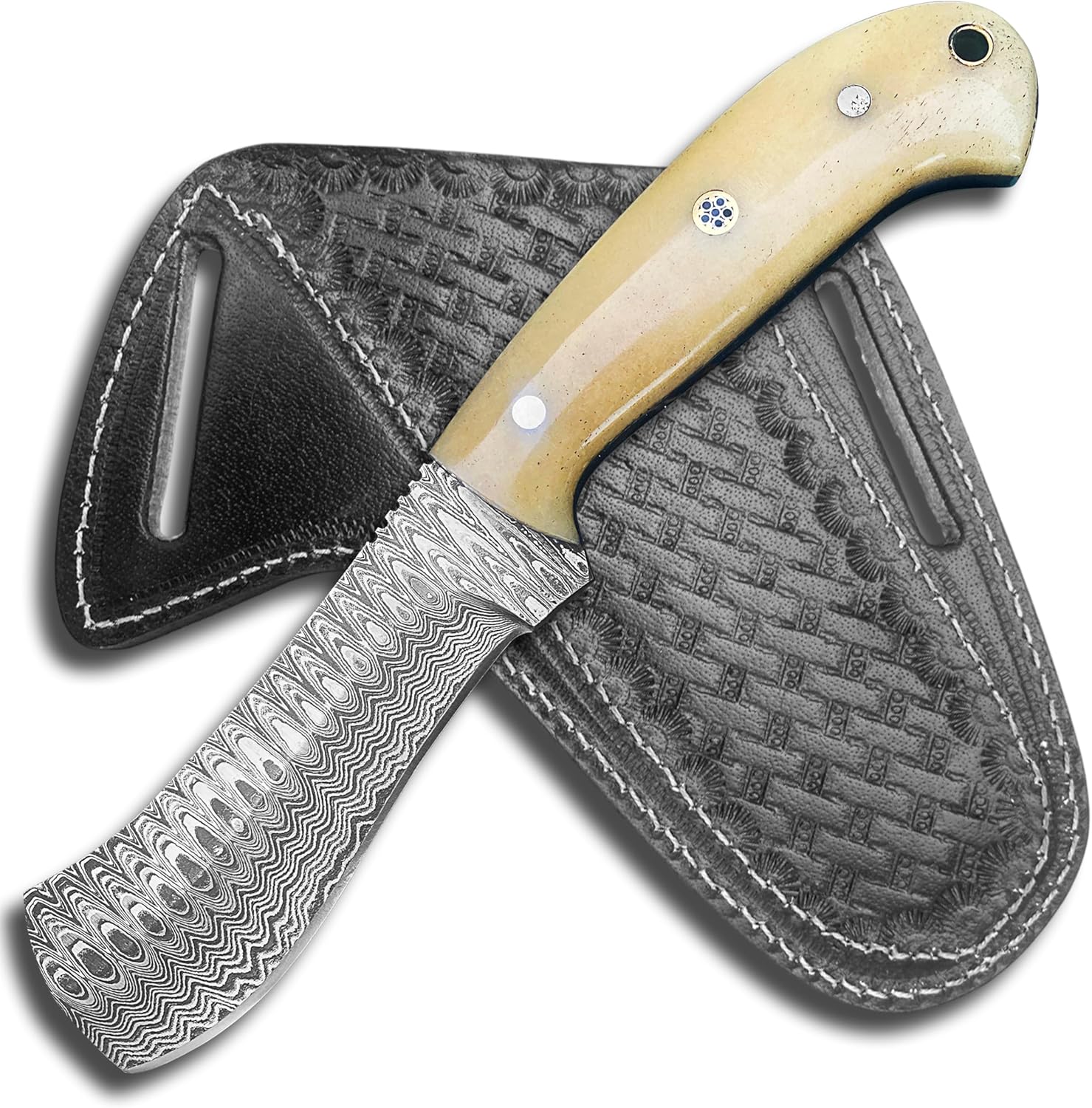 Handmade Damascus Bull Cutter Knife – Full Tang Cowboy Hunting Knife with Leather Sheath – Fixed Blade EDC Tool for Camping, Survival, Skinning, Outdoor Use & Gift for Men Collectors (White)