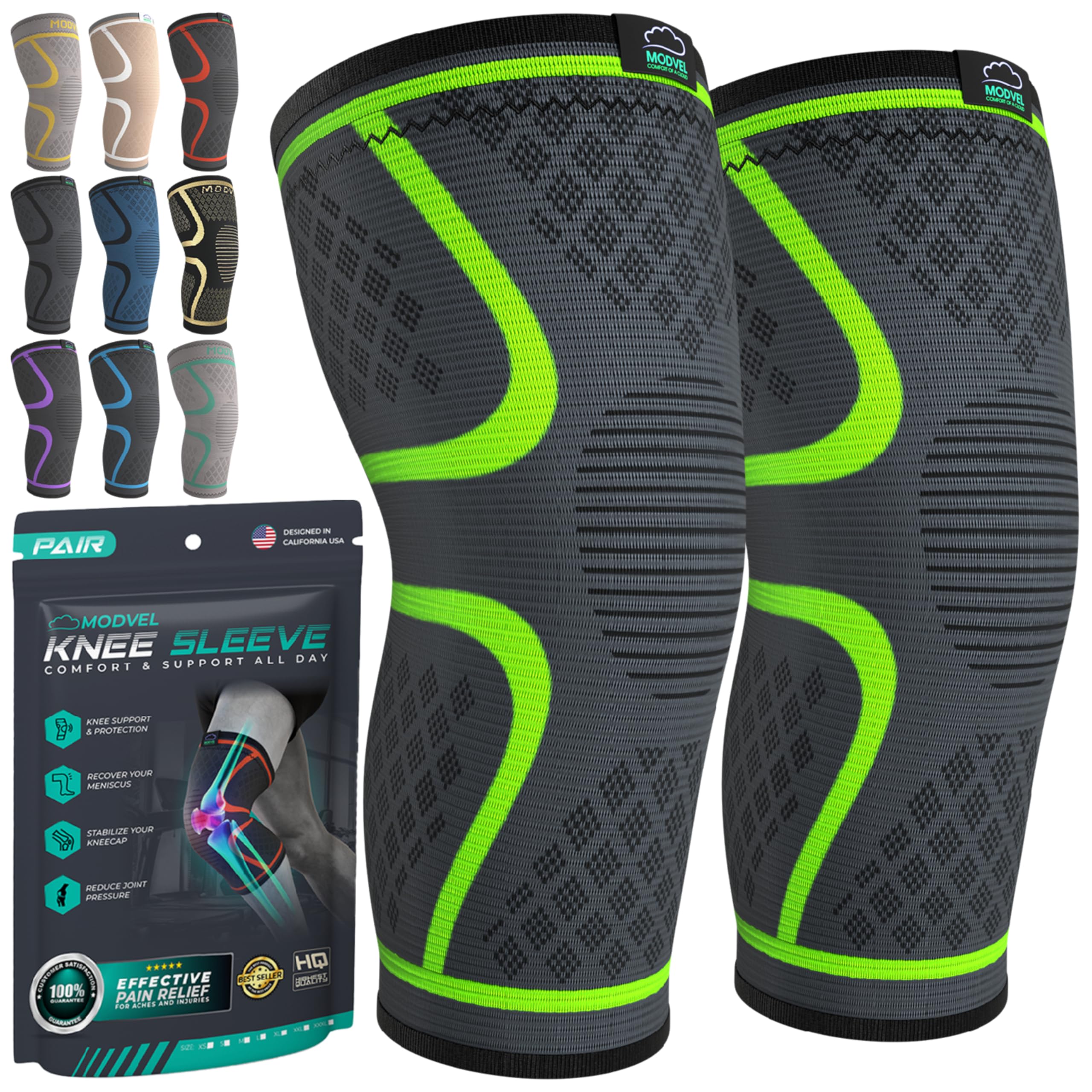Modvel Compression Knee Brace for Women & Men, 2-Pack Knee Brace for Running Knee Pain, Knee Support Compression Sleeve, Workout Sports Knee Braces