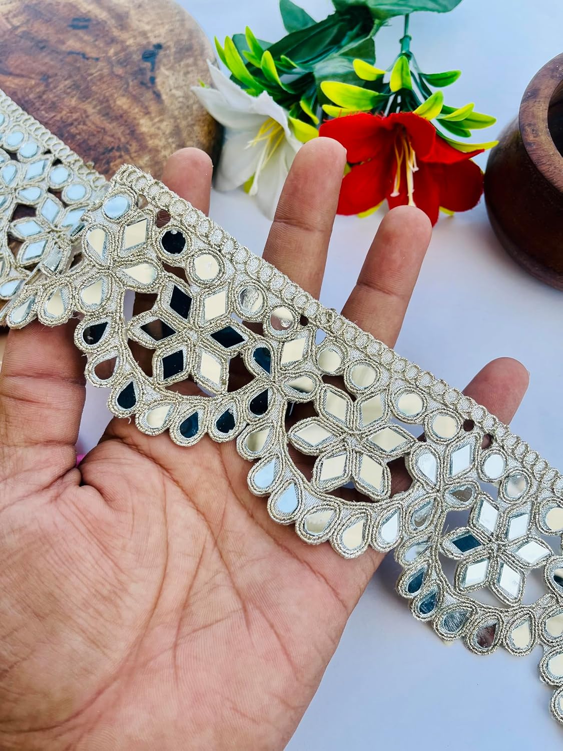 Decorative Mirror Work Lace Trim, Silver Metallic Embroidered Border, Scalloped Design, 2.5 Inch Wide, Traditional Wedding Crafts Ribbon, Available in 1, 3 and 6 Yard (1)