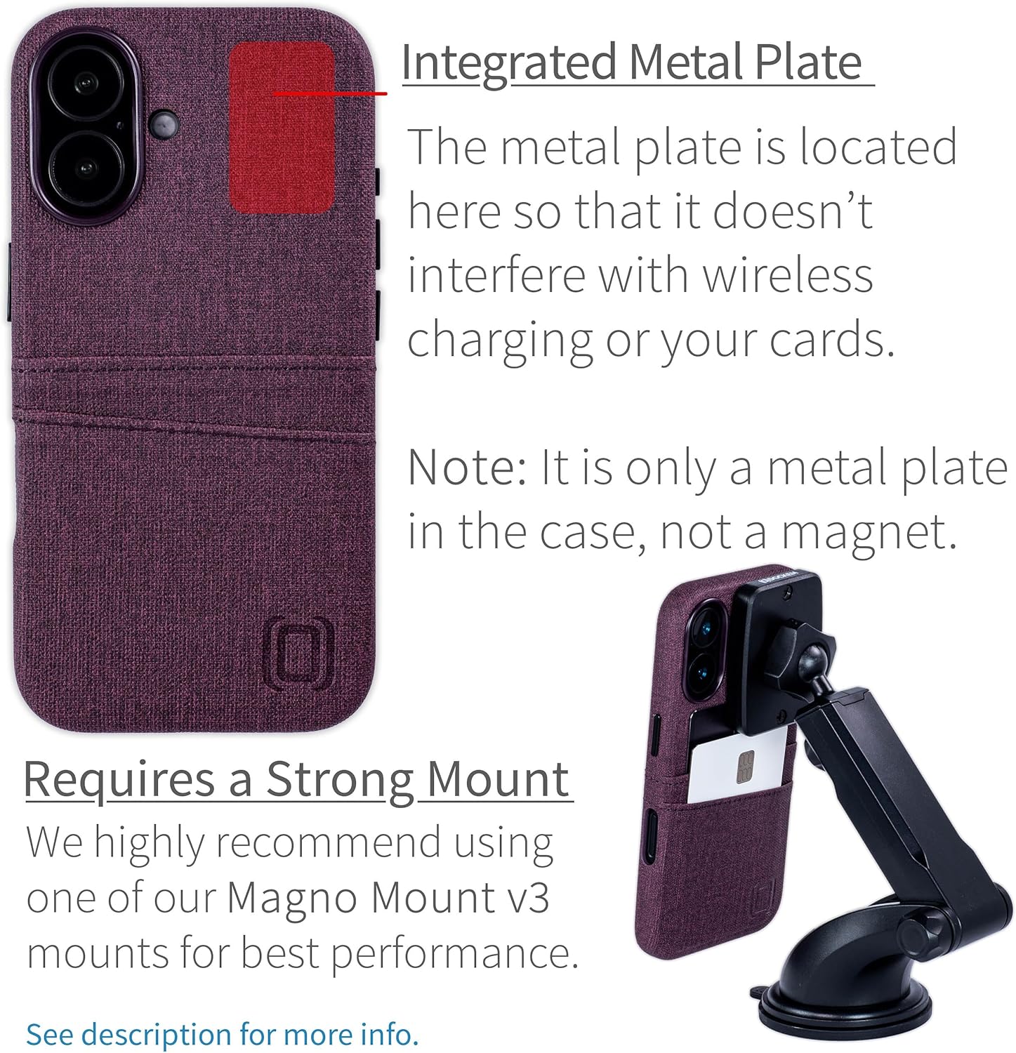 Dockem Card Case V2 for iPhone 16 with Camera Control Cutout, Built-in Metal Plate & 2 Card Holder Pockets: M2 Luxe Canvas-Style Synthetic Leather Wallet Case (Burgundy)