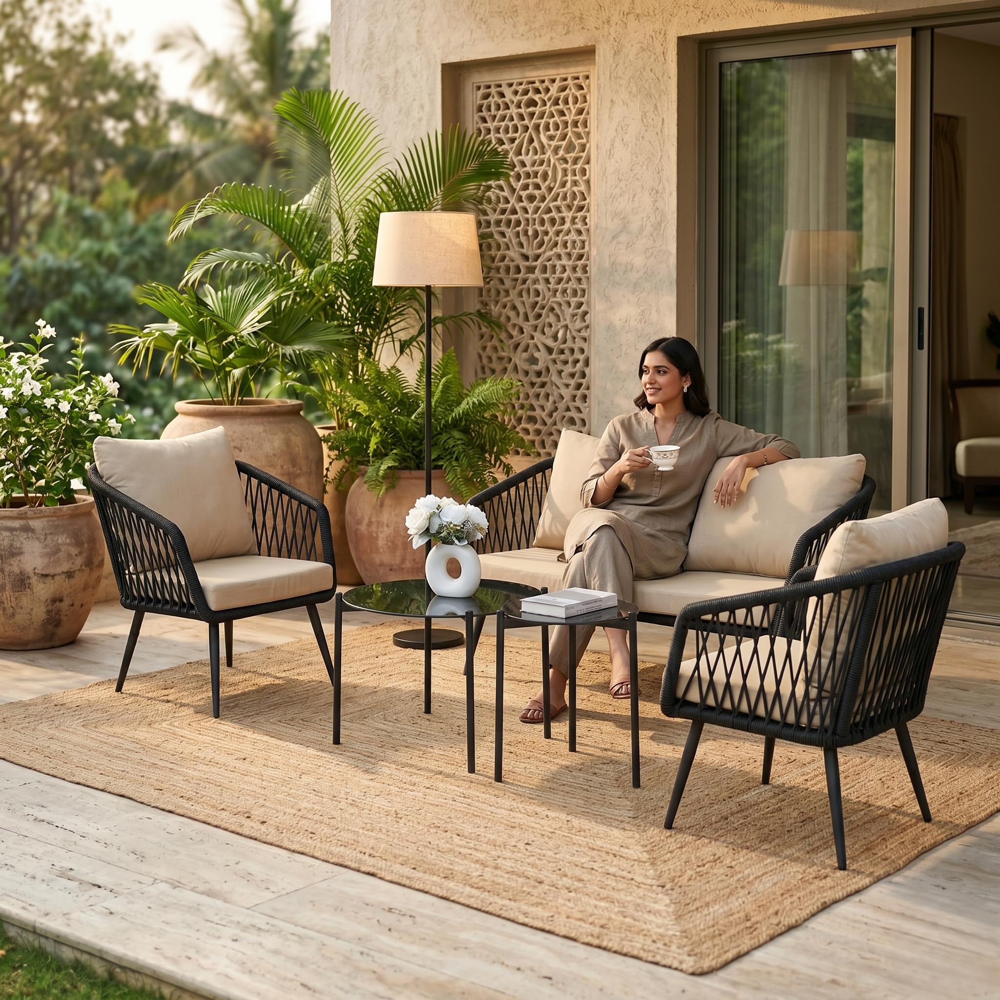 LOCCUS Outdoor 4 Seater Rope Sofa Set with Comfortable All Weather Resistant Cushions and Glass Top Center Table for Garden, Patio, Poolside Area (Black & Beige)-image-48