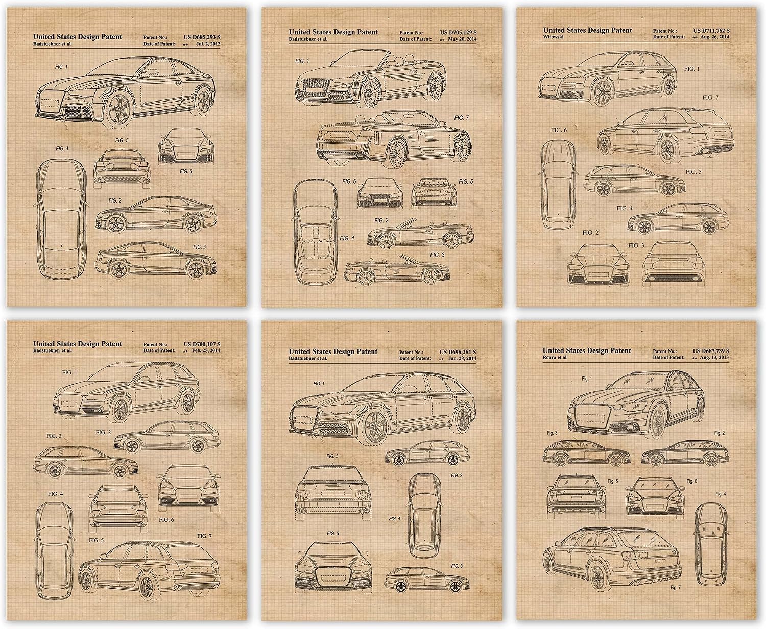 Classic Quattro Car Patent Prints, 6 (8x10) Unframed Photos, Wall Art Decor for Home Work Office Audi Gears Automobile Parts Garage Shop Rally Racing Engineer School Student Teacher Coach