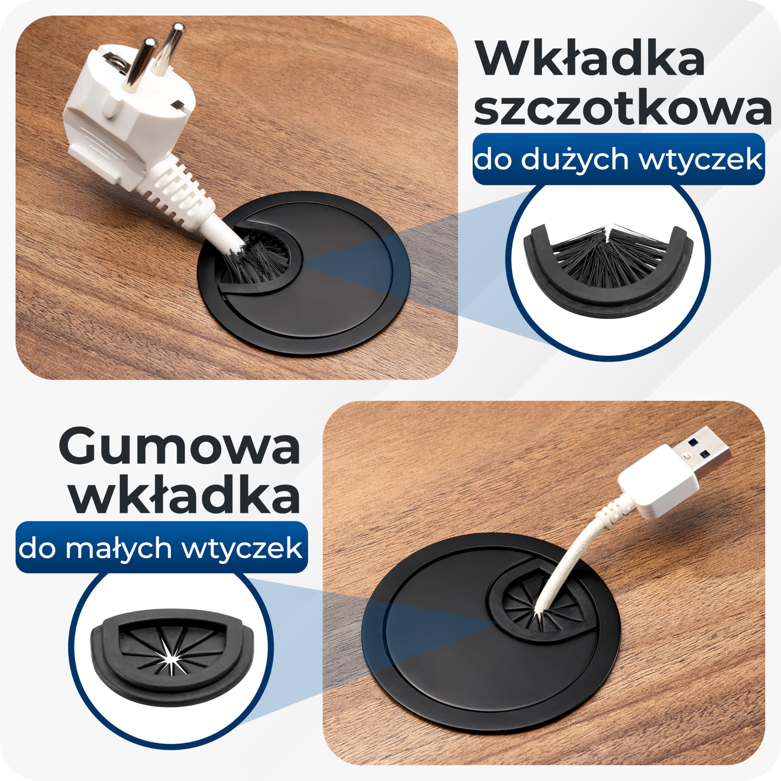 BRUCE.® Premium przepust kablowy z metalu [2 kawałek, Czarny] - Przepust kablowy na biurko ø 60 mm - z 2 Różnymi Opcjami Dyfuzora - Dla większego porządku na biurku w miejscu pracy