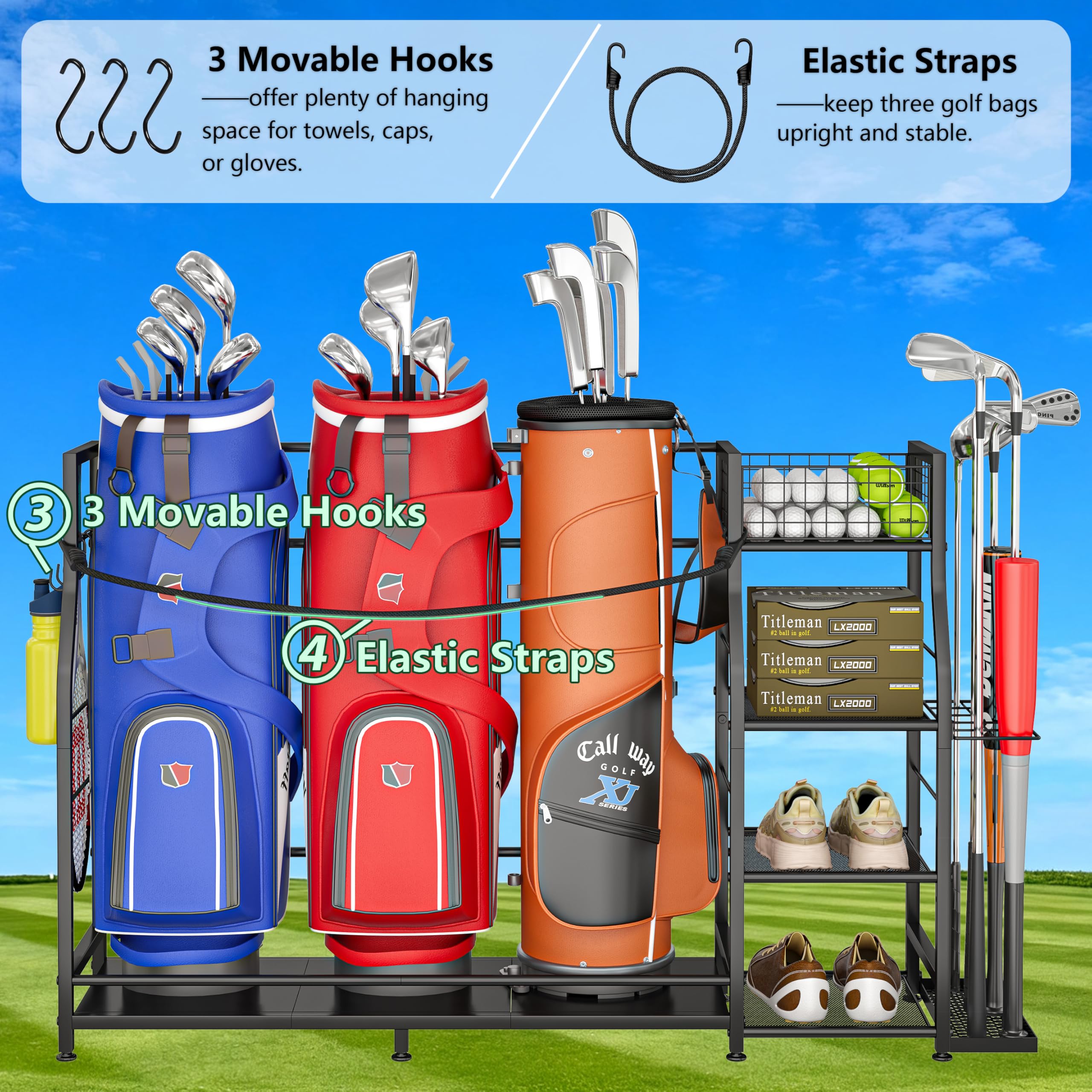 Golftaschenständer für Golftaschen-Zubehör, Golftaschen-Aufbewahrungs-Organizer passend für 3 Taschen für Garagenorganisation, Golf-Organizer mit zusätzlichem Aufbewahrungsregal für Golfschläger und