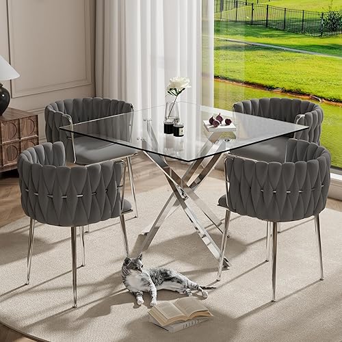 Miniatura 20 de Juego de mesa de comedor de cristal dorado de lujo para 4, juego de comedor cuadrado de 5 piezas con parte superior de vidrio transparente, juego de