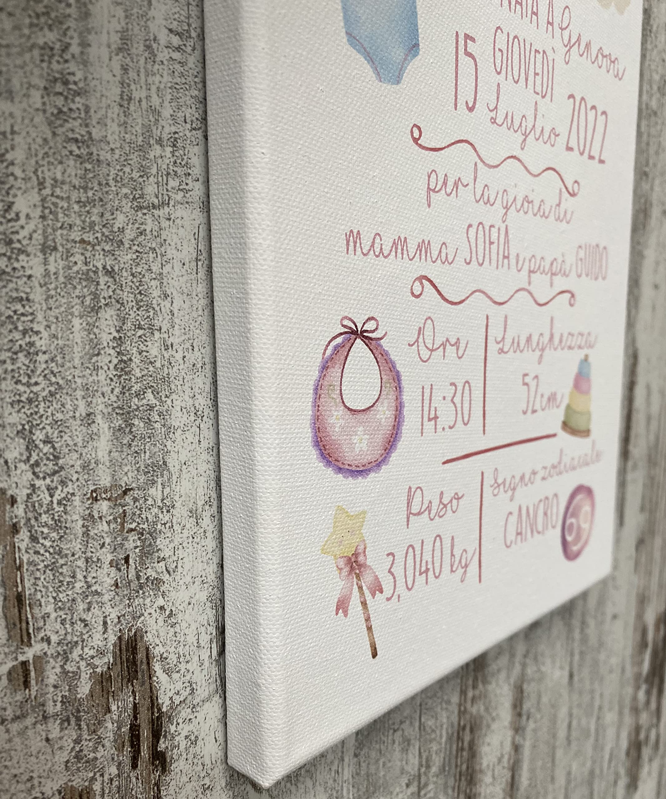 Memotak Quadro in Tela Quadretto Nascita Personalizzato Idea Regalo Bimba Bimbo Neonata Neonato Grafica Arcobaleno 20X30cm (Rosa)