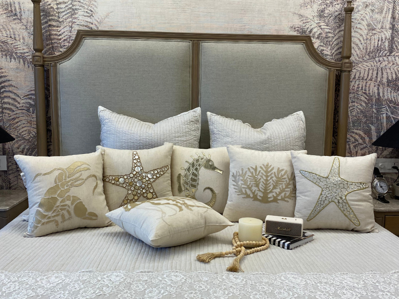 The HomeCentric Fodera Per Cuscino Quadrata In Lino Di Cotone - Motivo Conchiglie, Stile Spiaggia, Beige Perla, 40x40 Cm, Con Cerniera Nascosta, Artigianale, Solo Fodera