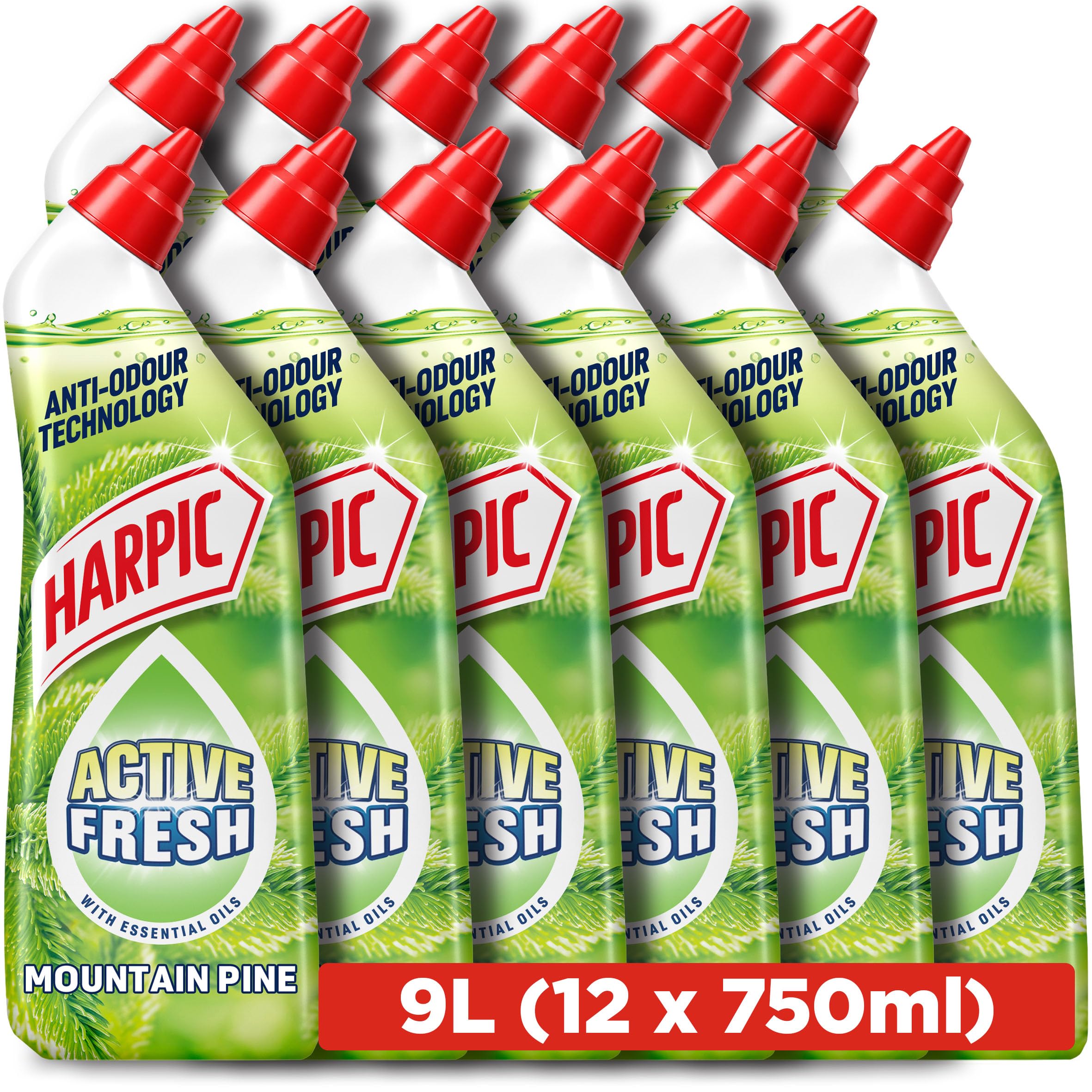 Harpic Active Fresh Toilet Cleaning Gel, Mountain Pine (12 x 750ml) 9L