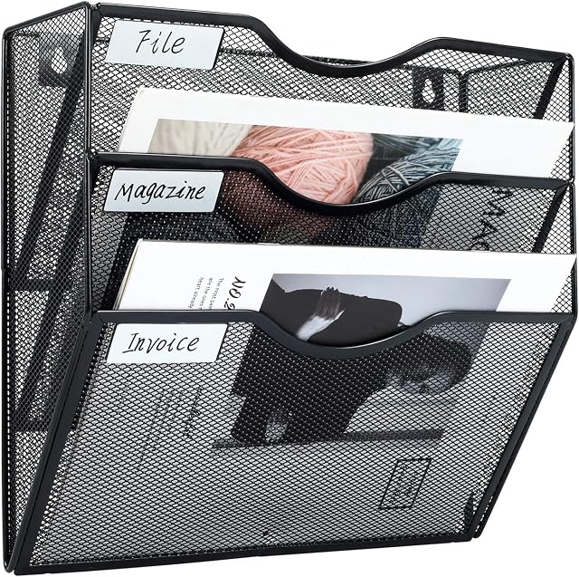 EasyPAG 3 Tier A4 Mesh in Tray Wall Pocket File Holder Mail Organiser Magazine Storage Rack,Black