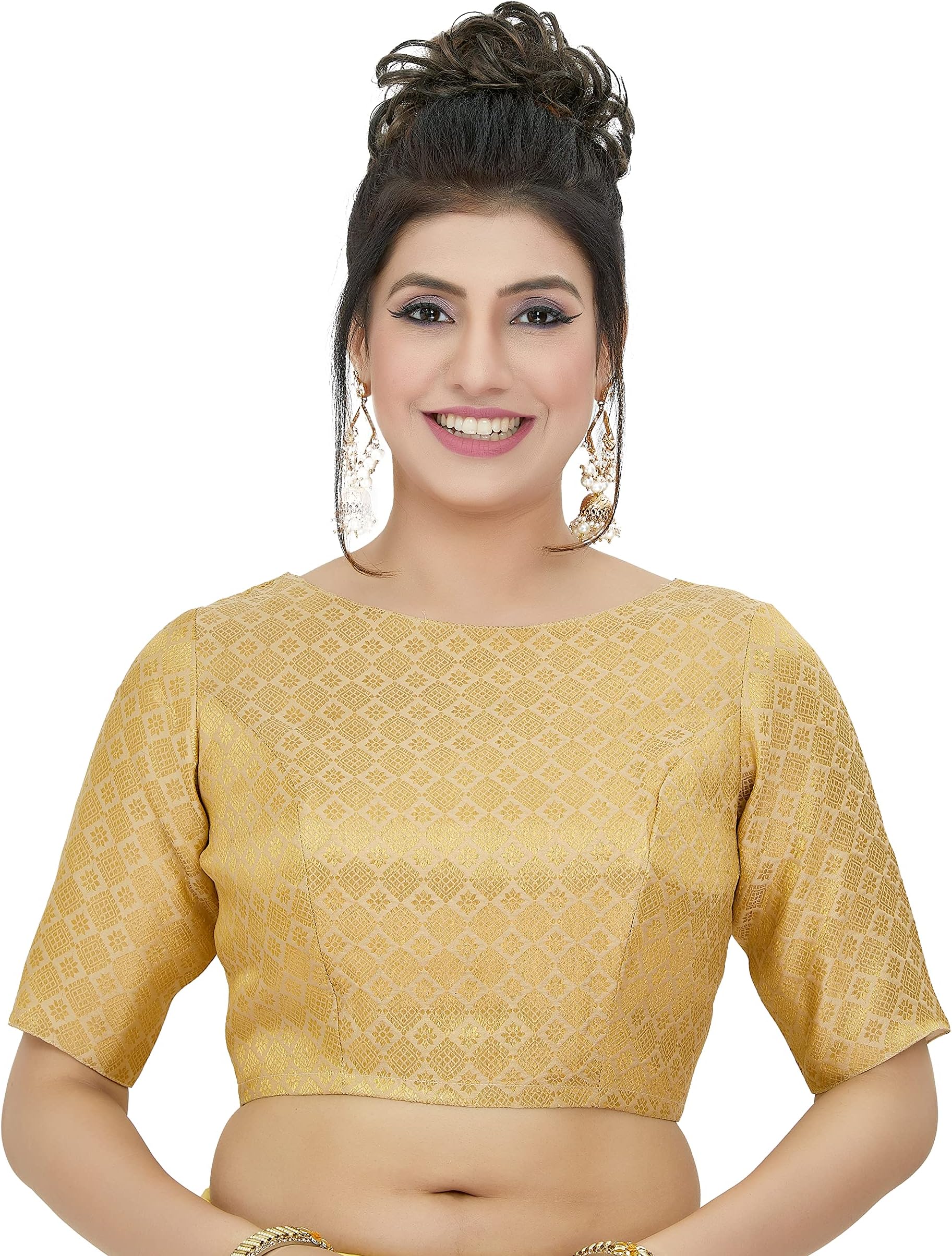 Women Golden Brocade Readymade Saree Blouse with Elbow Length Sleeves