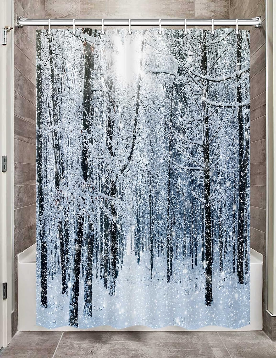 JAWO Winter Snow Forest Shower Curtain, White Trees Woods Rustic Nature Scene Bath Curtains Set, Polyester Fabric Upgrade Bathroom Accessories Decor 12 Hooks Included, 72X75 Inches