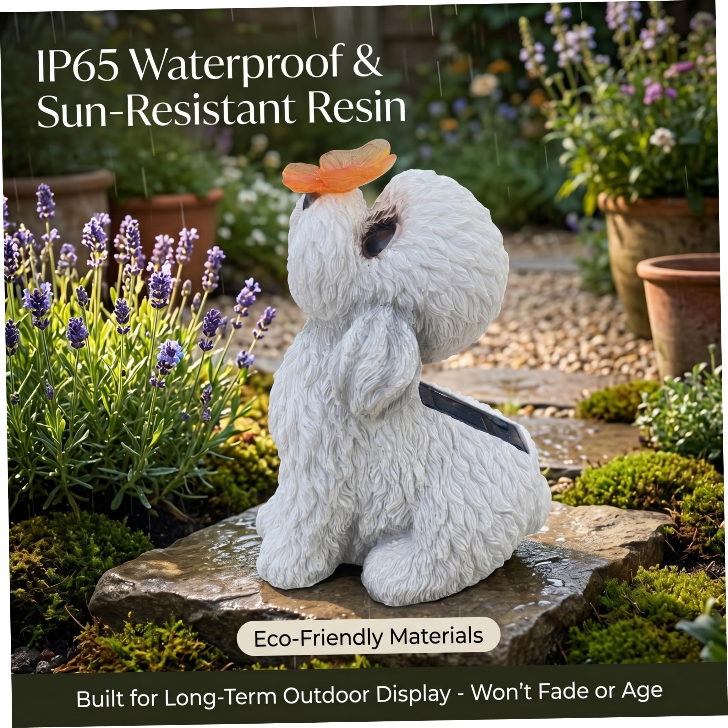 Estatuas de Perros al Aire Libre, Estatua de jardín Solar, estatuilla de Perro de Peluche Blanco con luz LED de Mariposa - Decoración de Patio y Patio al Aire Libre.
