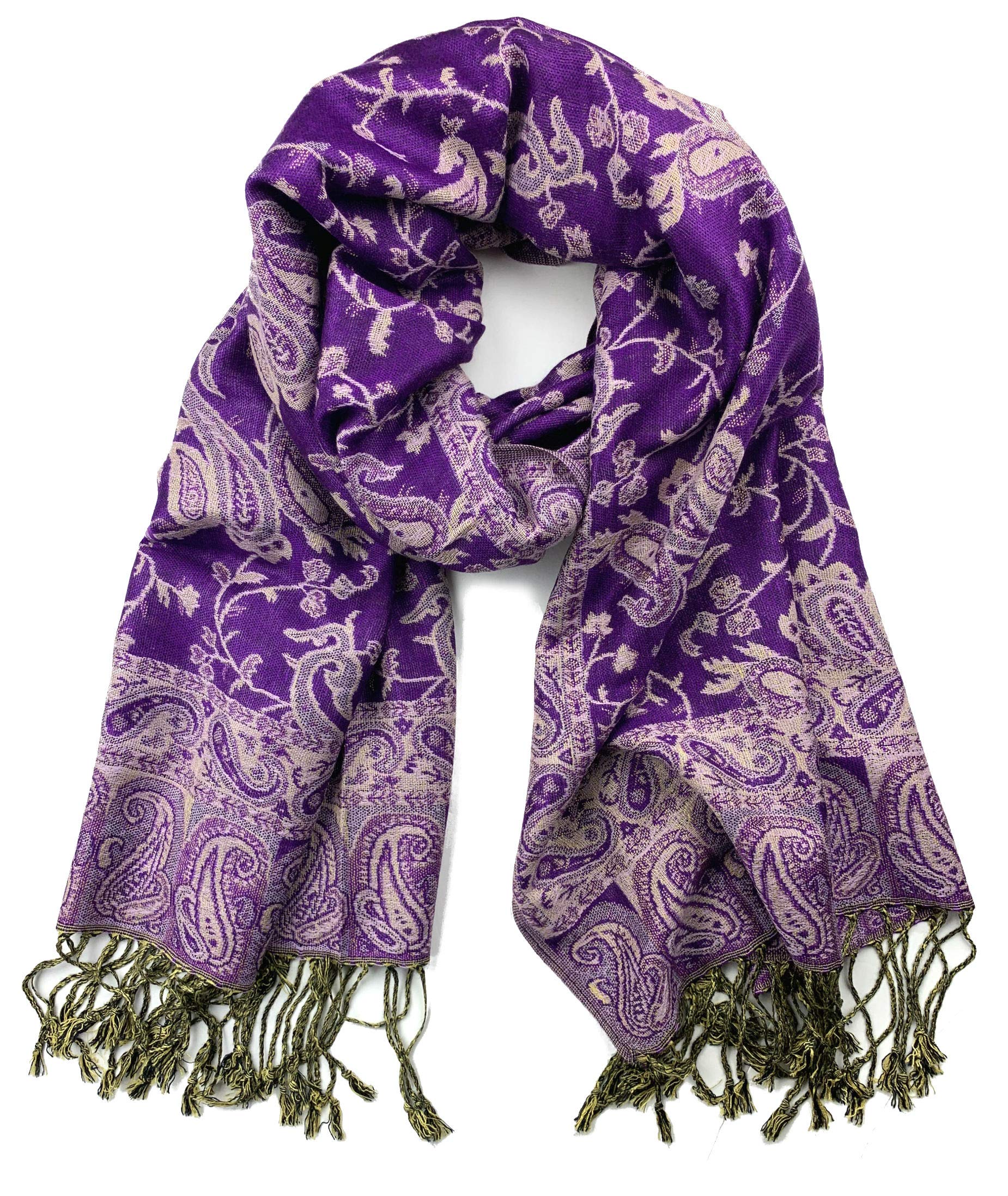 Plum FeathersPashmina Scarf with Ethnic Tapestry Style Paisley Pattern - 67" x 28" Everyday Pashmina Travel Wrap and Shawl