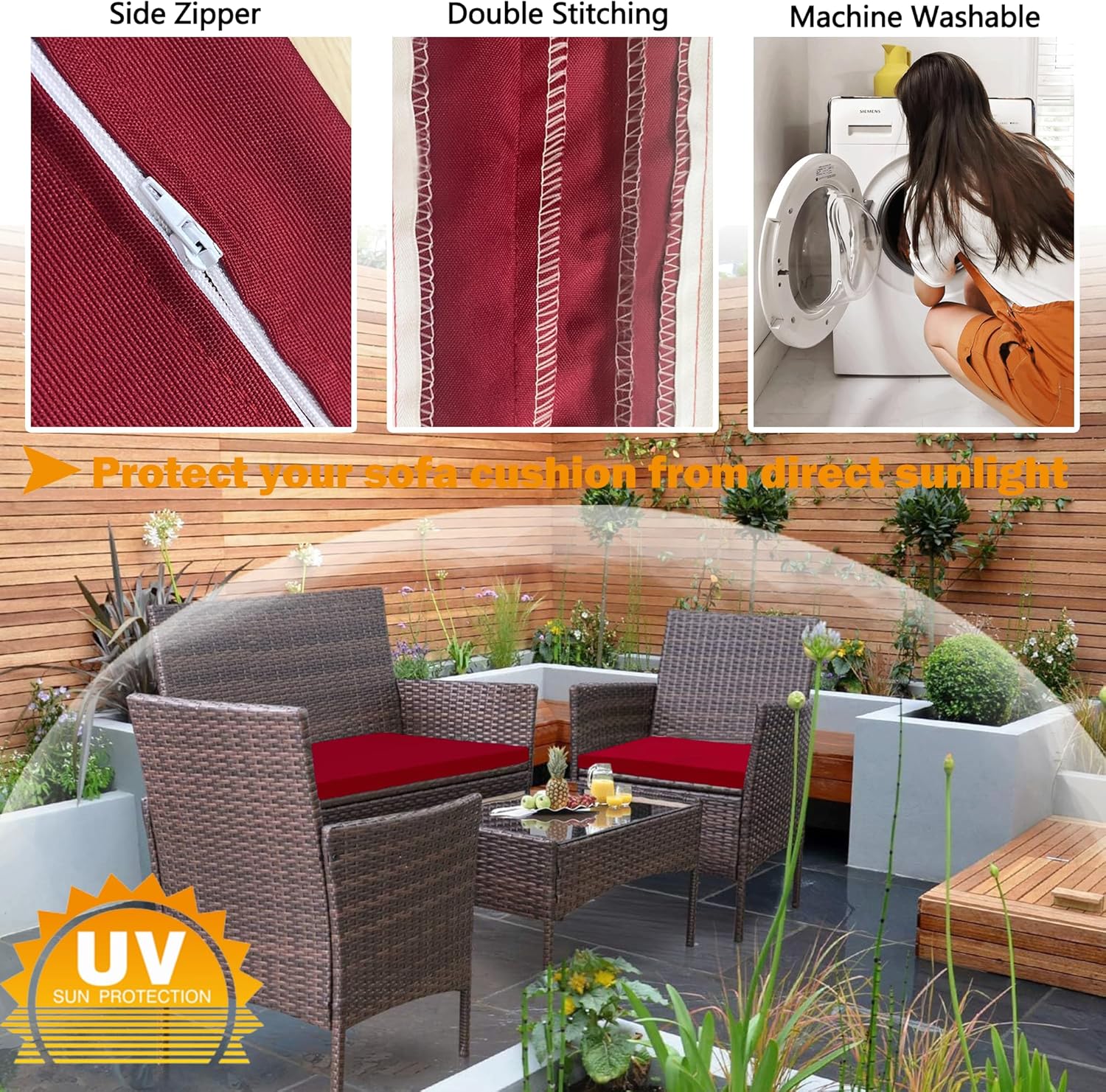 3 Pack Outdoor Cushion Covers Replacement, Waterproof Patio Seat Cushion Cover Fit for 4-Seater Wicker Rattan Conversation Set Loveseat Chair Couch Furniture, Cover Only, 38x19x2,19x19x2,Burgundy
