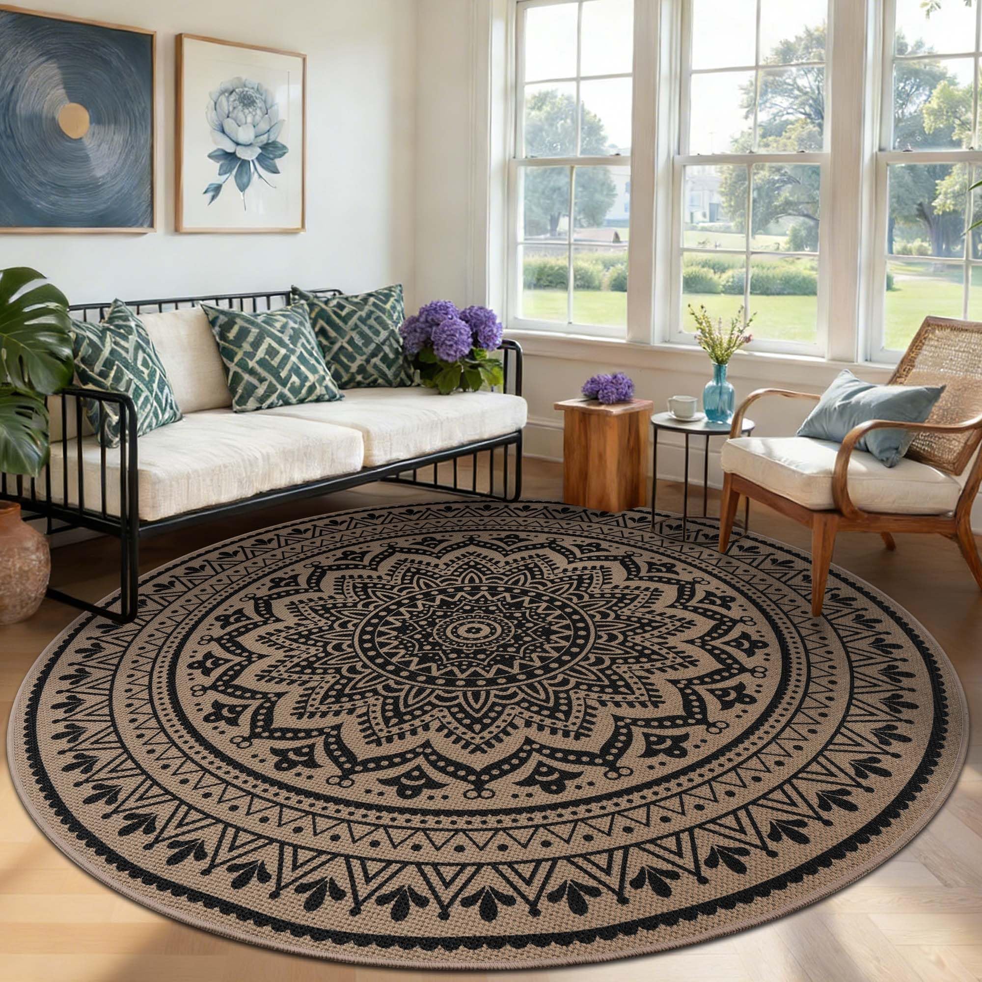 Homcomodar Tapis rond 120 cm, aspect jute, tapis de salon, extérieur, lavable, style bohème, marron, pour chambre, balcon, terrasse
