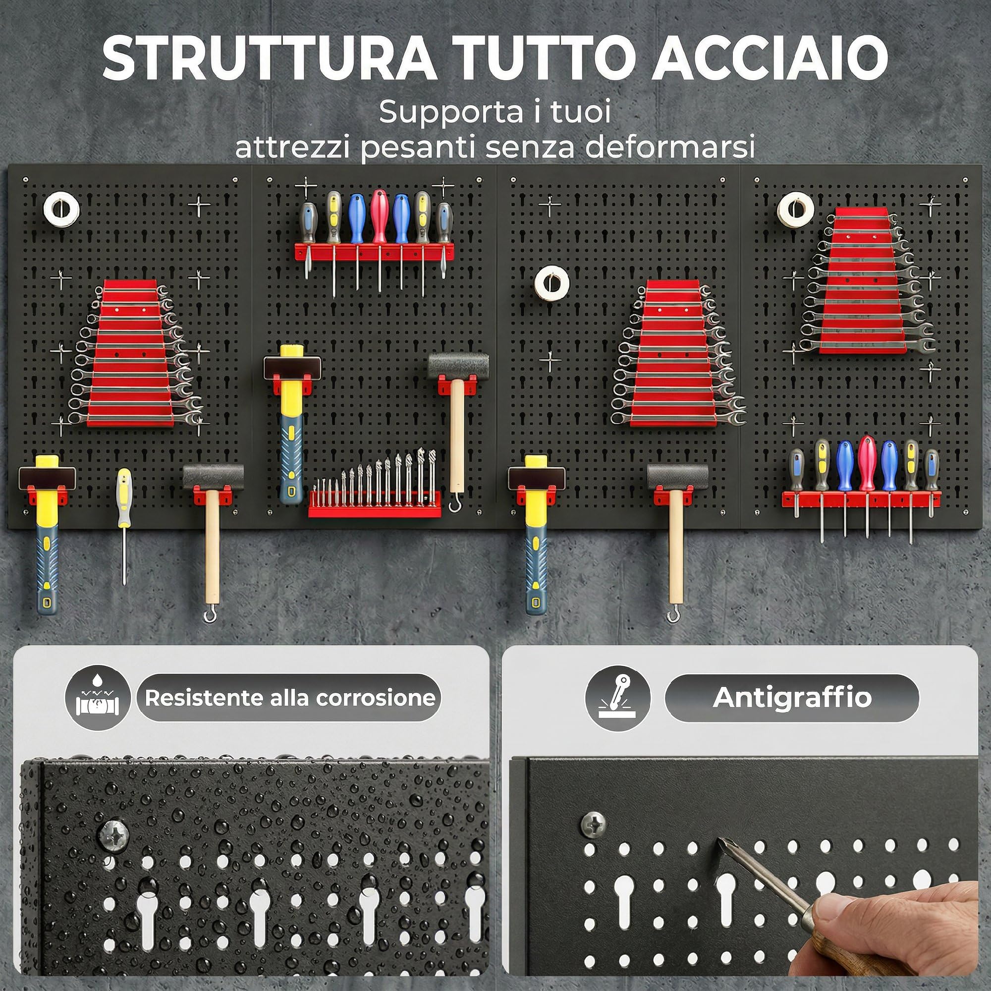 HOMCOM 4 Pannelli Porta Attrezzi da Parete in Acciaio 38pz, Parete Attrezzata Officina con 3 Supporti Chiavi Inglesi, Portapunte Trapano, 2 Supporti Cacciaviti, 6 Portamartelli, 22 Ganci, Nero e Rosso