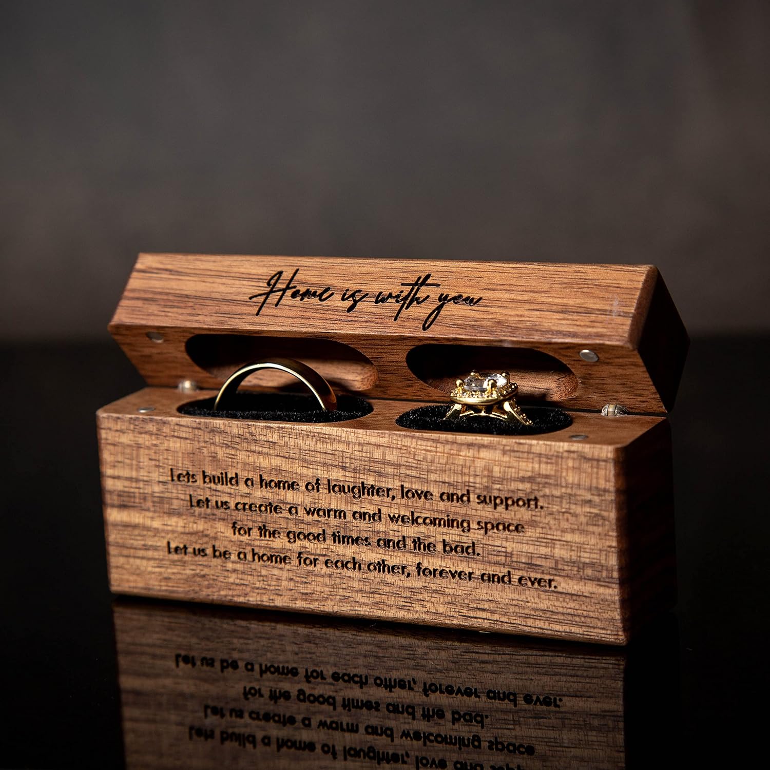 MUUJEE Double Ring Box - Engraved Slim Wooden Ring Case Box for Wedding Ceremony Engagement Proposal Ring Bearer Box - Anniversary Birthday Gift Ideas (Home Is With You)