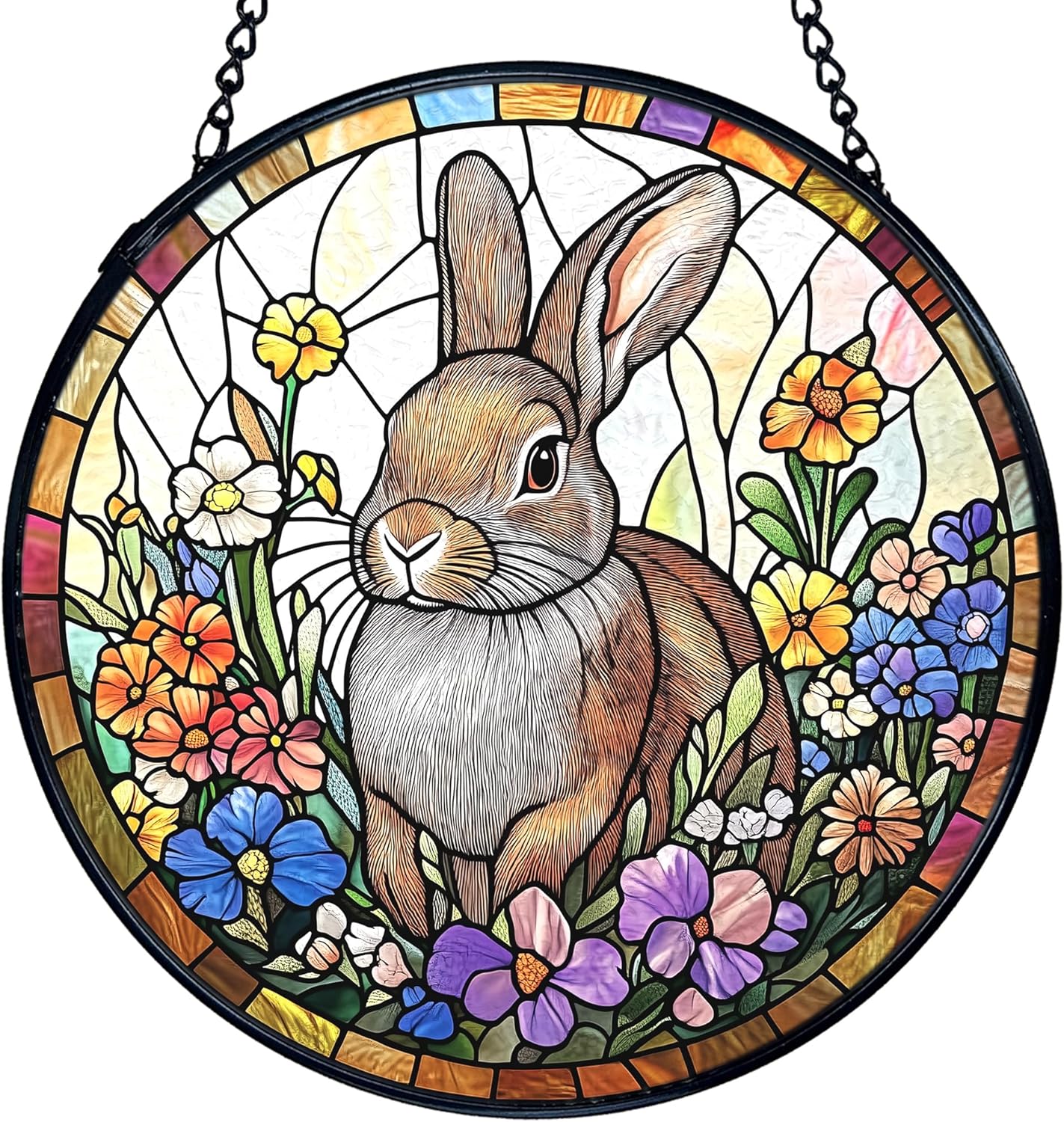 TNUW Bunny Flower Stained Glass Window Hanging, Cottagecore Rabbit Flower Sun Catchers Indoor Window Glass Round Wall Art Decor, Bunny Gifts, Rabbit Decor Wall Hanging Decorations, 7.9"x7.9"