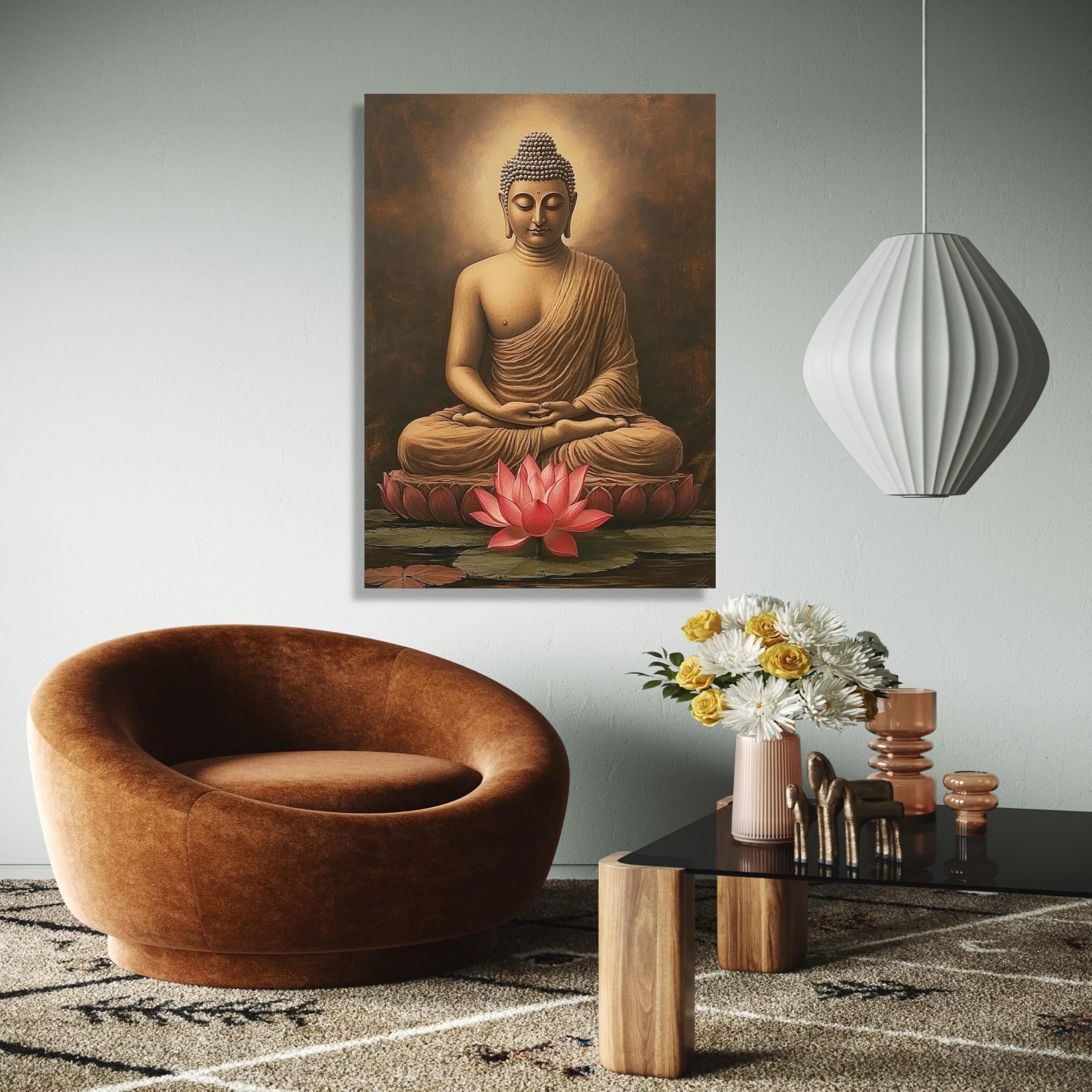 Tela raffigurante Buddha seduto in meditazione, decorazione murale con fiore di loto, arredamento spirituale per la casa, dipinto di una statua di Buddha tranquilla, stampe (70x100 cm/cornice interna)