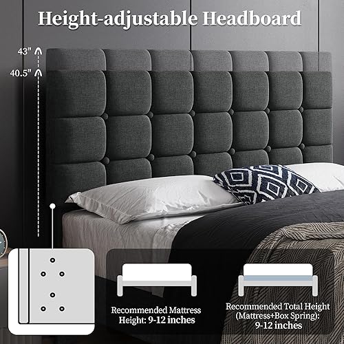 Miniatura 5 de Yaheetech Base de cama tapizada, moderna plataforma de cama Queen con cabecera acolchada con costuras cuadradas y botones, altura ajustable, soporte
