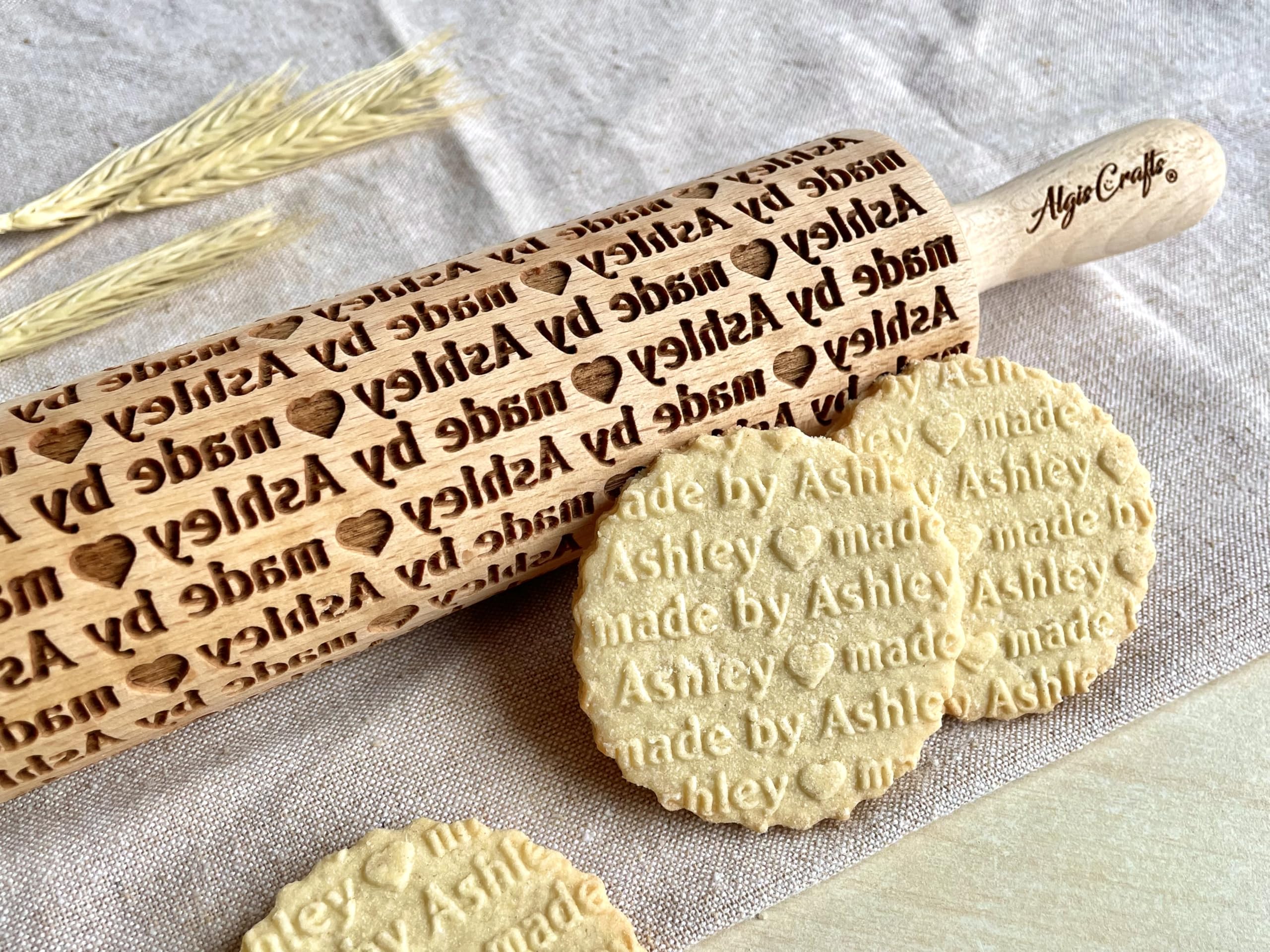 CUSTOM PERSONALIZED EMBOSSING ROLLING PIN WOODEN LAZER ENGRAVED for EMBOSSED COOKIES CUSTOM ENGRAVED LOGO UNIQUE GIFT