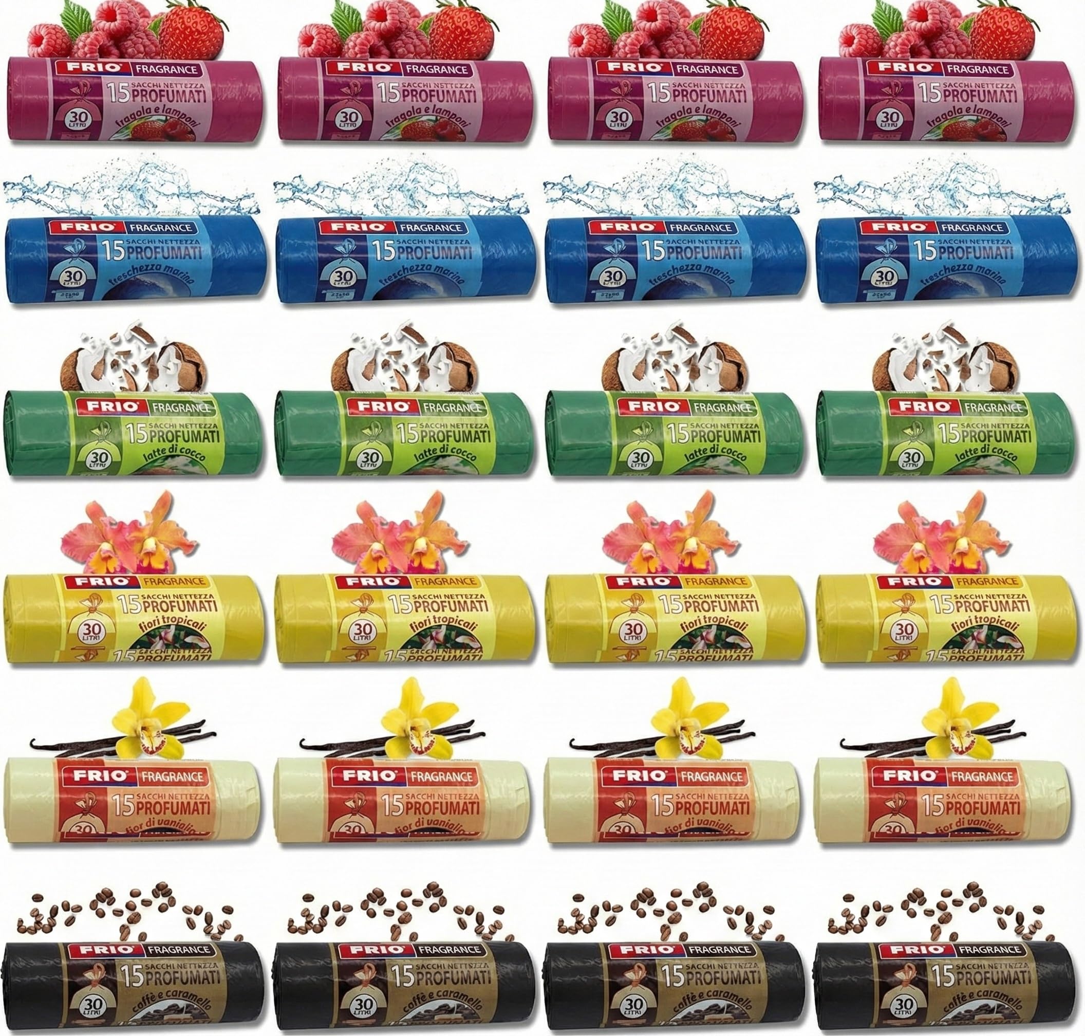 FRIO Multifrucht – 360 Duftende Müllbeutel 30L, 24 Rollen mit je 15 Beuteln, 6 Düfte & Farben Sortiert, 52x58 cm, Reißfest und Auslaufsicher