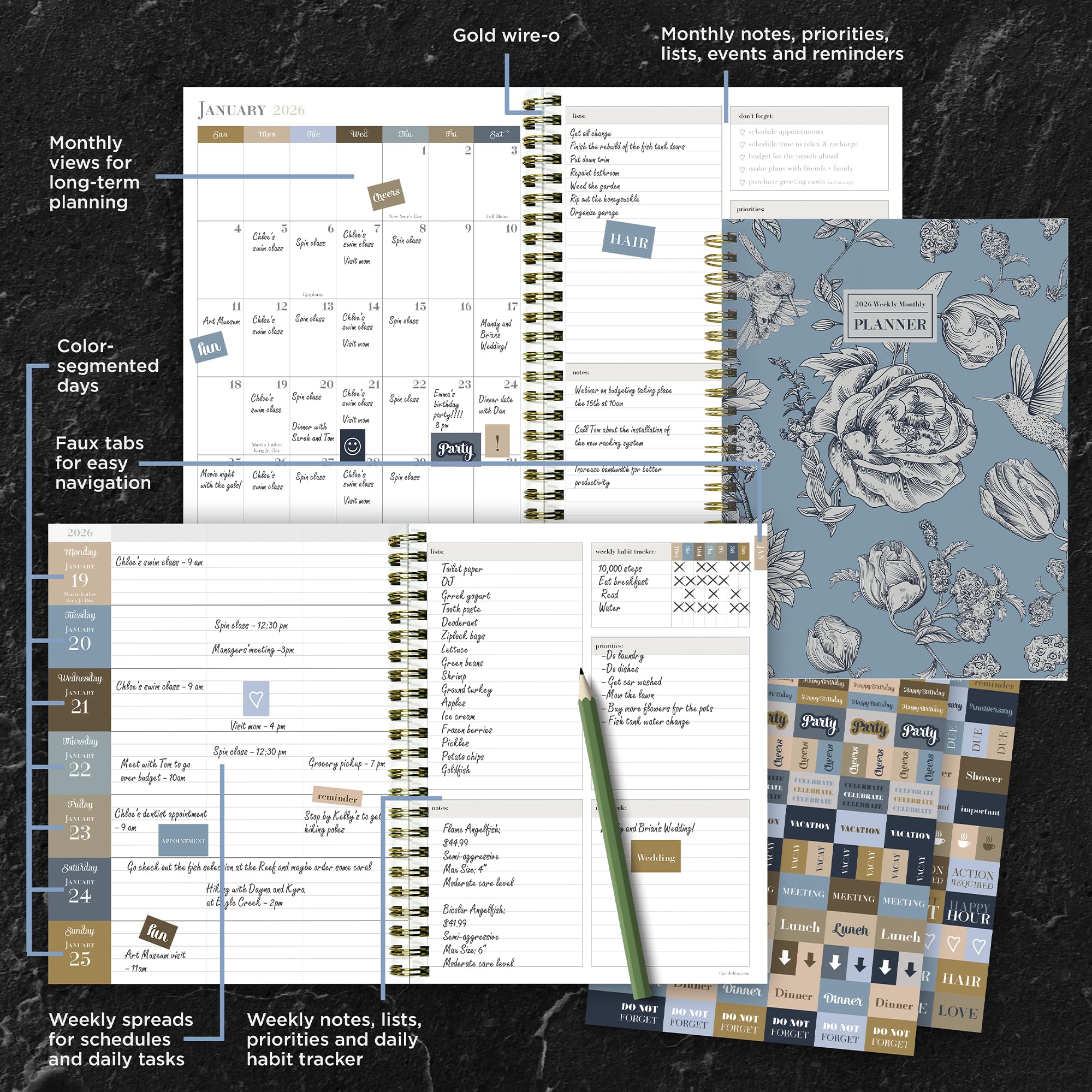 TF Publishing 2026 Garden Roses Wochenplaner, Monatsplaner, mittelgroß, mit 12-monatigem Kalenderraster, Notizen und Prioritätenbereich, Wochenplaner, mit Gewohnheiten-Tracker und Aufklebern, 16,5 x
