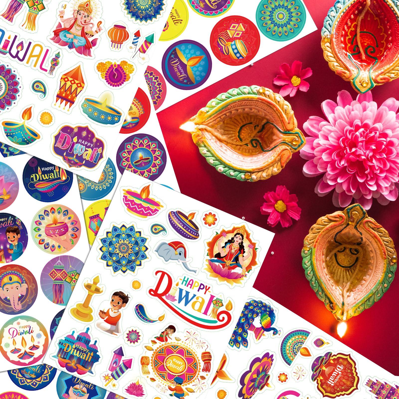 HOWAF 24 Sheets Happy Diwali Stickers 330+ Diwali Diyas Rangoli Stickers Labels Crafts for Kids Gifts Box Gift Cards Gift Stickers Party Favors Happy Diwali Decorations Indian Decorations - Image 4