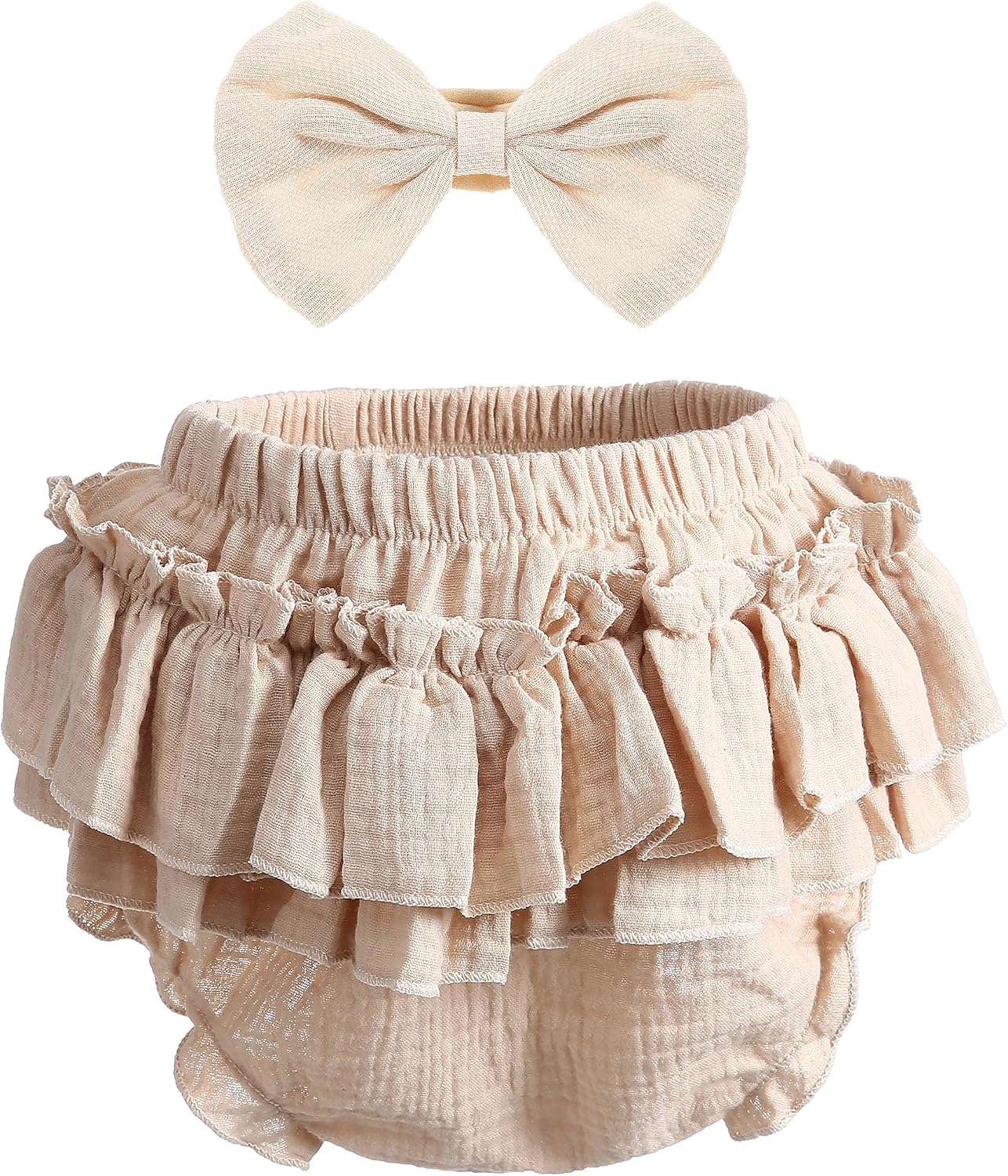 Newborn Infant Baby Girl Cotton Bloomers and Bows Toddlers Ruffle Shorts Diaper Covers Headband Set