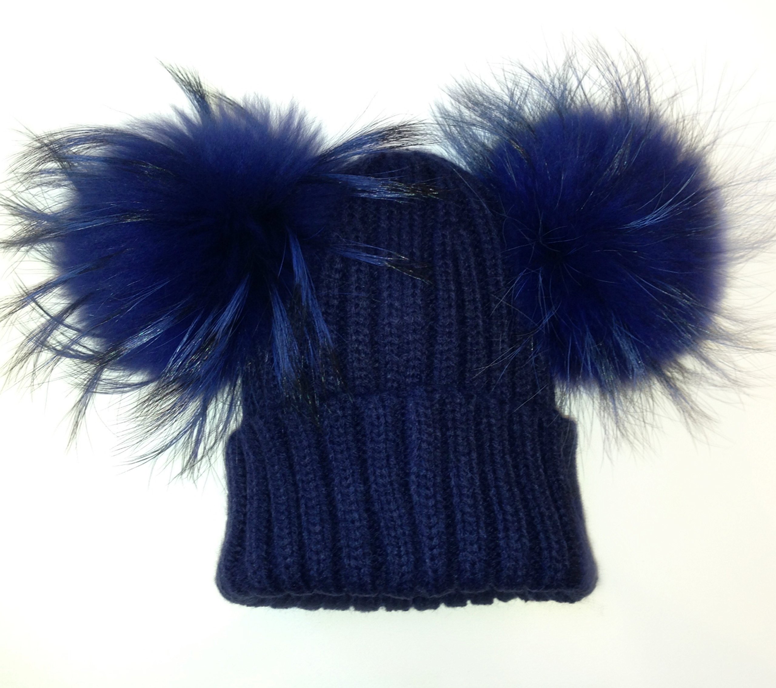 Cappello Cuffia Bambino Blu Navy 2 PON PON Vera Pelliccia 1-3/4 Anni Berretto Misto Lana Luxury Blue