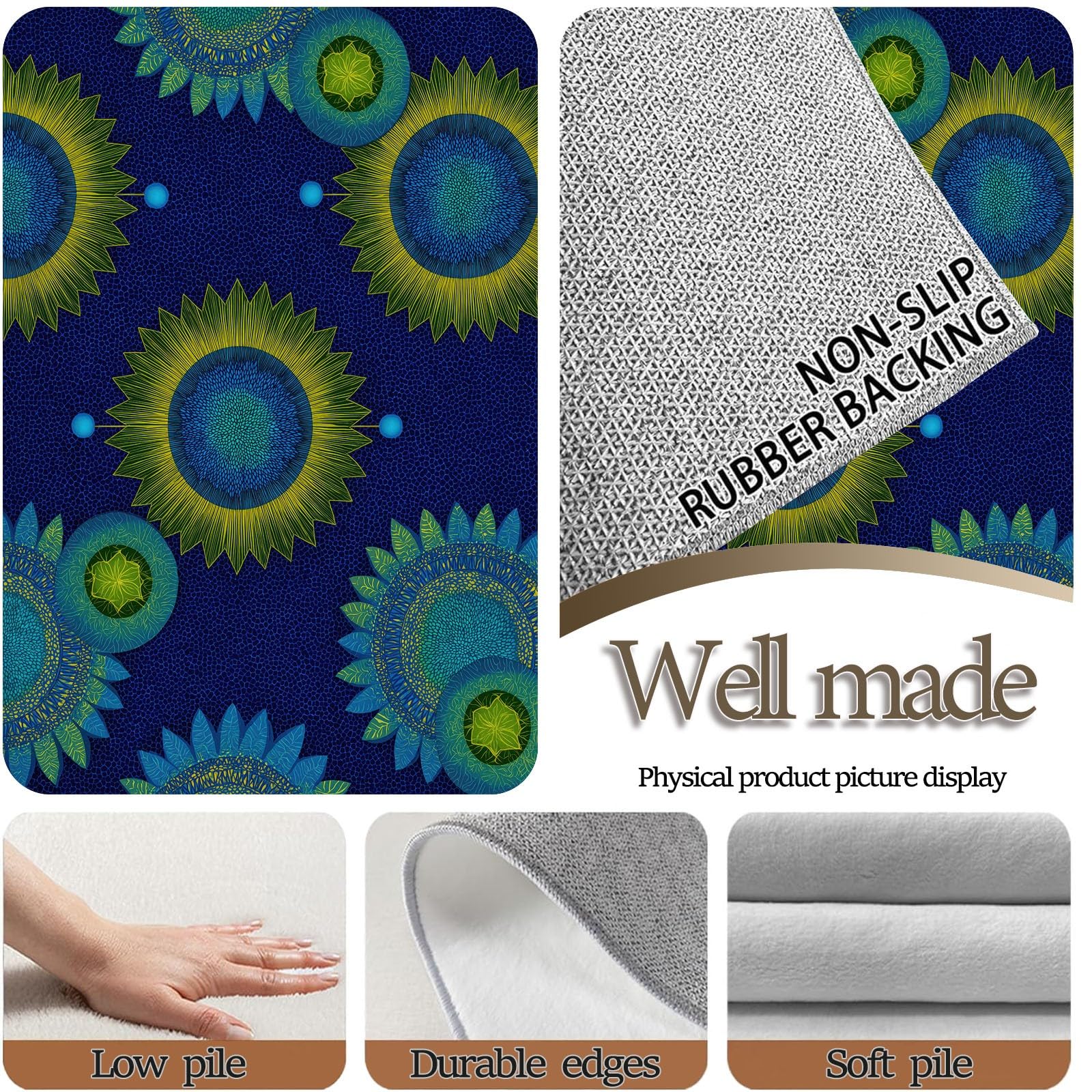 Böhmen Zusammenfassung Teppich 120 x 170 cm Teppich Wohnzimmer Blaues Sonnenblumenmuster Kurzflor Waschbarer Teppiche Schlafzimmer Wohnzimmerteppich rutschfest Teppiche für Kinderzimmer Esszimmer