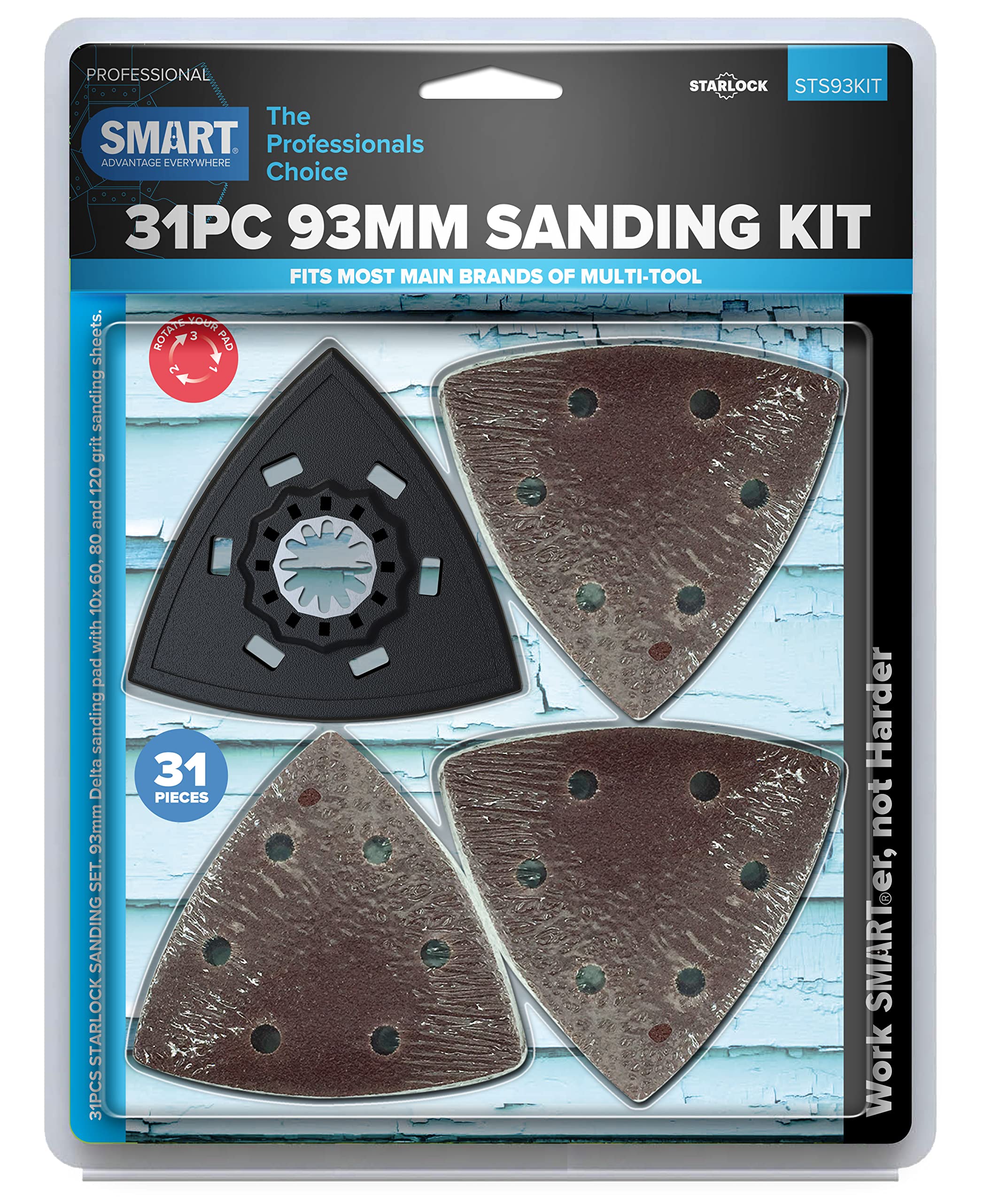 SMART Starlock 31 Piece Sanding Set for Multi Tool Sander, Sandpaper - 1 Sanding Pad, 10 Sheets 60 80 120 Grit