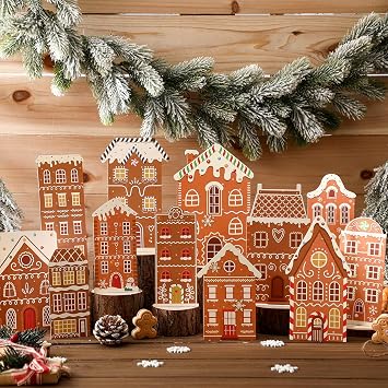 12 Pieces Christmas Gingerbread House Table Decoration Village Set Farmhouse Table Centerpiece Christmas Gingerbread House Colorful Decoration Home Centerpiece Christmas Party Holiday