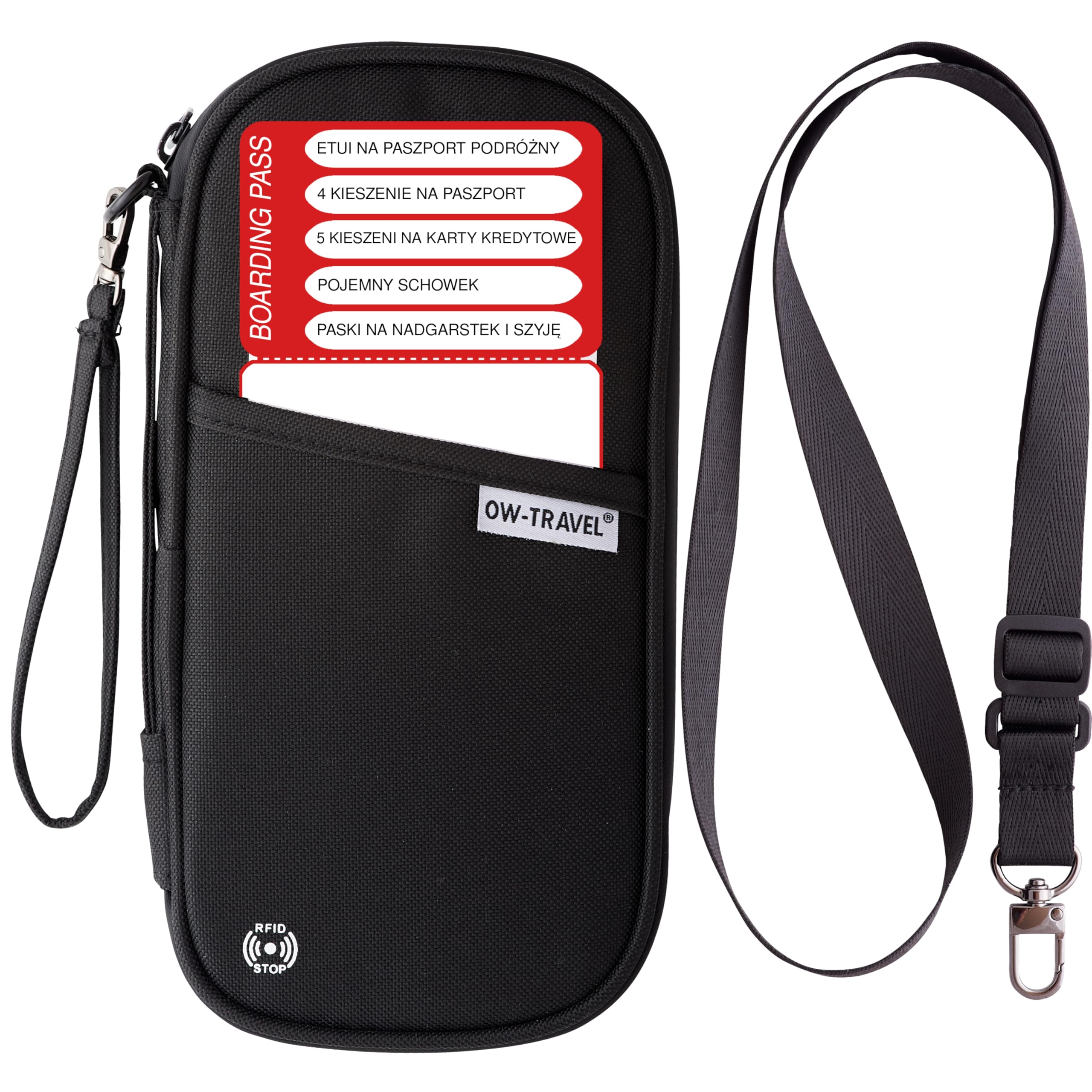 OW-Travel Etui na Paszport i Dokumenty (czarny) z ochroną RFID. Pojemne etui na paszport 4 paszporty na bilety lotnicze. Dołączone paski na nadgarstek i szyję bez użycia rąk