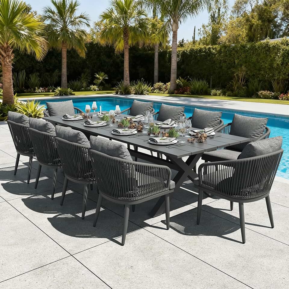 LayinSun 11 Pieces Outdoor Patio Dining Set, Aluminium Rectangular Dining Table and Wicker Rattan Chairs Set for Outside Backyard, Poolside