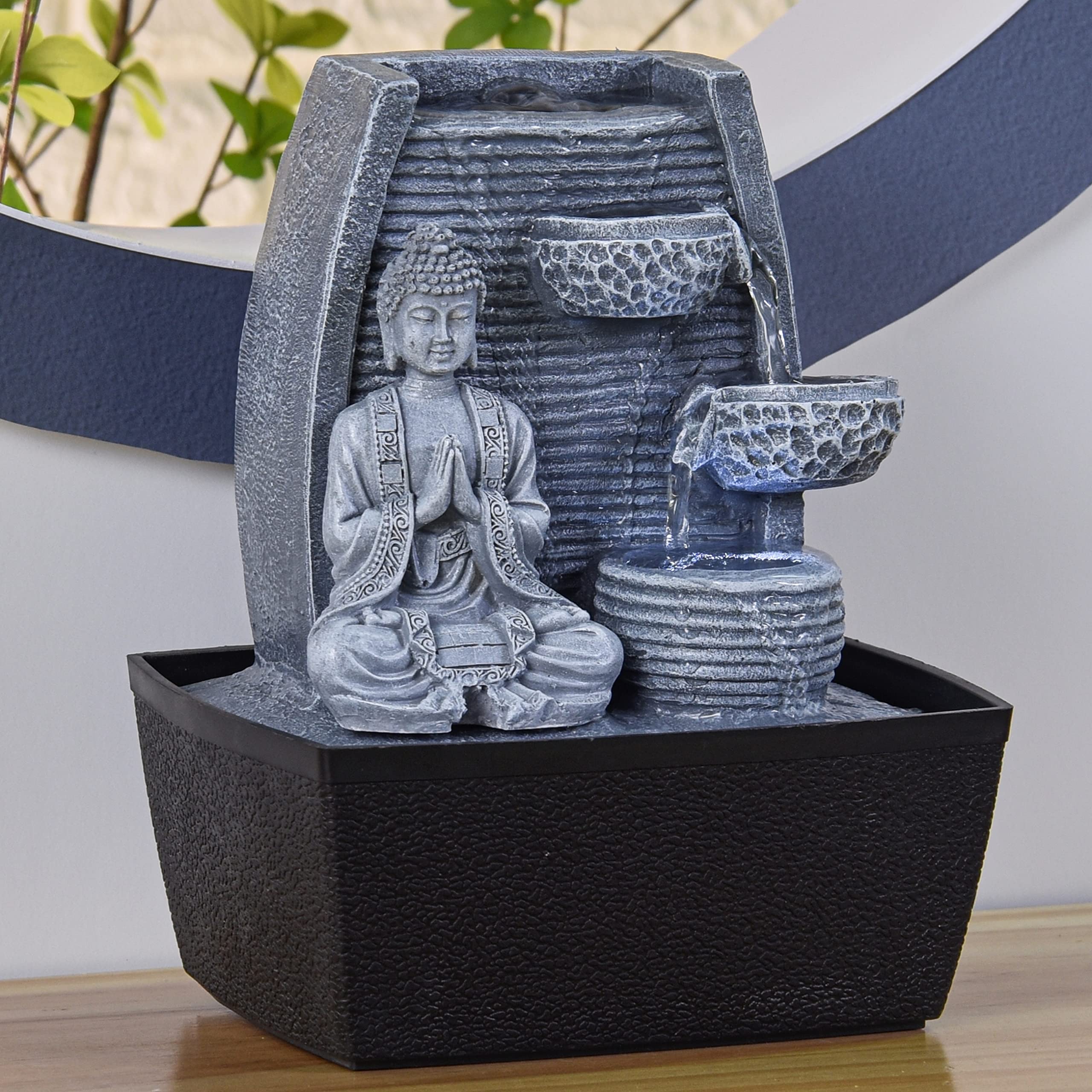 Fontaine d’Intérieur Mur d’Eau Cascade - Statue Bouddha Amovible- Fontaine de Table Lumière LED Blanc Circuit fermé - Décoration Zen Salon Chambre Feng Shui - Cadeau Utile- H 26cm - Sagesse Zen’Light