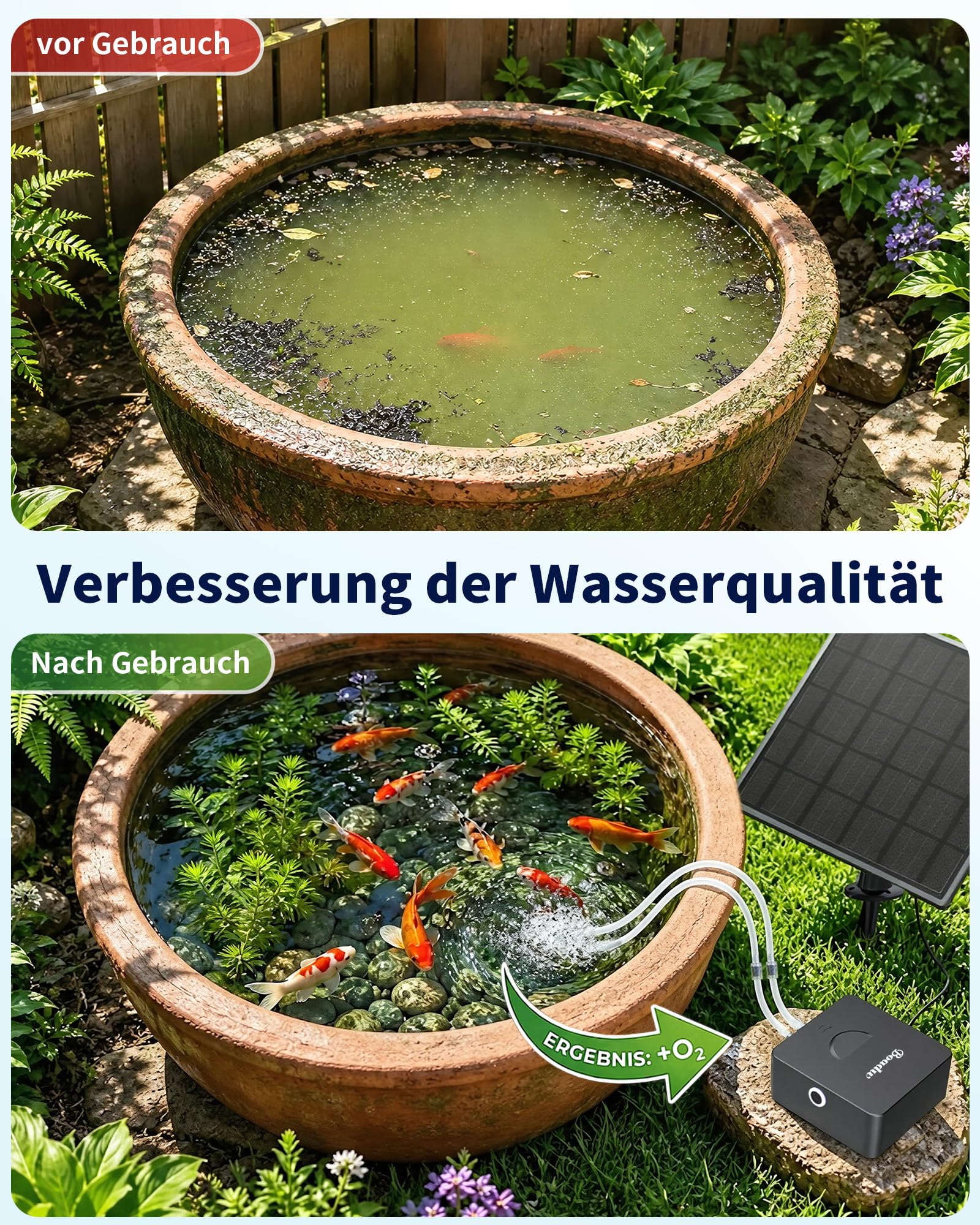 Pompe à oxygène Solaire 6W 4400mAh – Aérateur Bassin avec 2 Pierres à air, antigel – Fonctionne par Temps Nuageux, Jardin et pêche