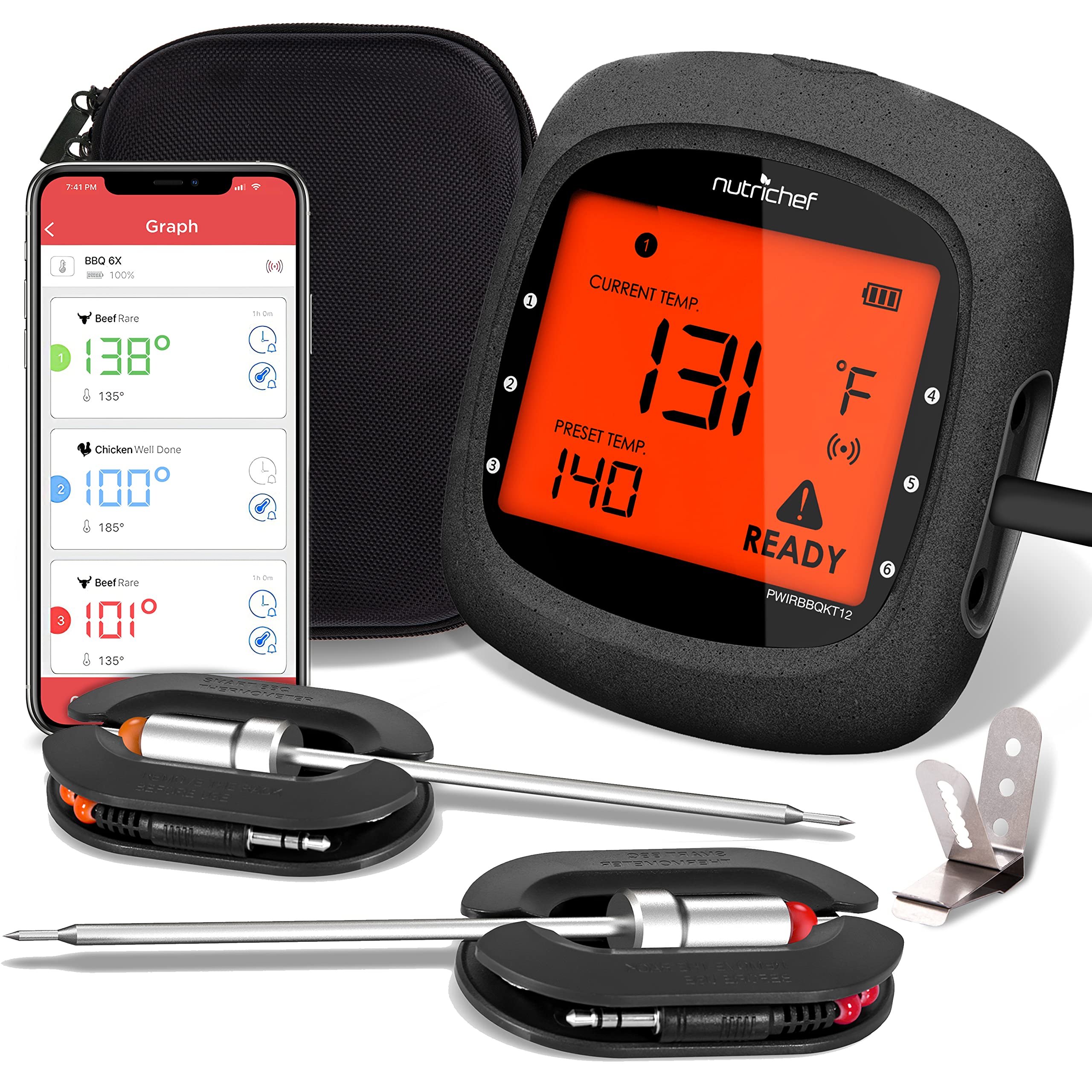 NutrichefSmart Bluetooth BBQ Thermometer with Travel Zip Case, Upgraded Stainless w/ 2 Temperature Probes, LCD Display, Done Alarm Android iPhone, Gas Charcoal BBQ Smoker Temp Monitoring