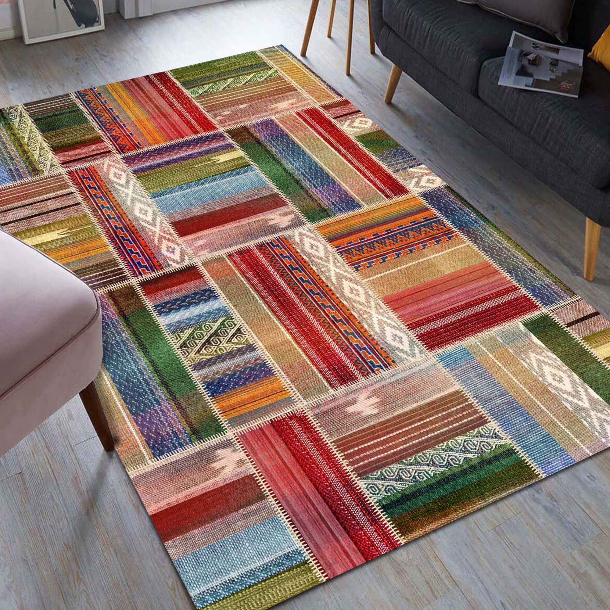 Latte Dizayn Bitsy Desenli Kadife Pamuk Tabanlı Yıkanabilen Kaydırmaz Antibakteriyel Salon Halısı 160x230