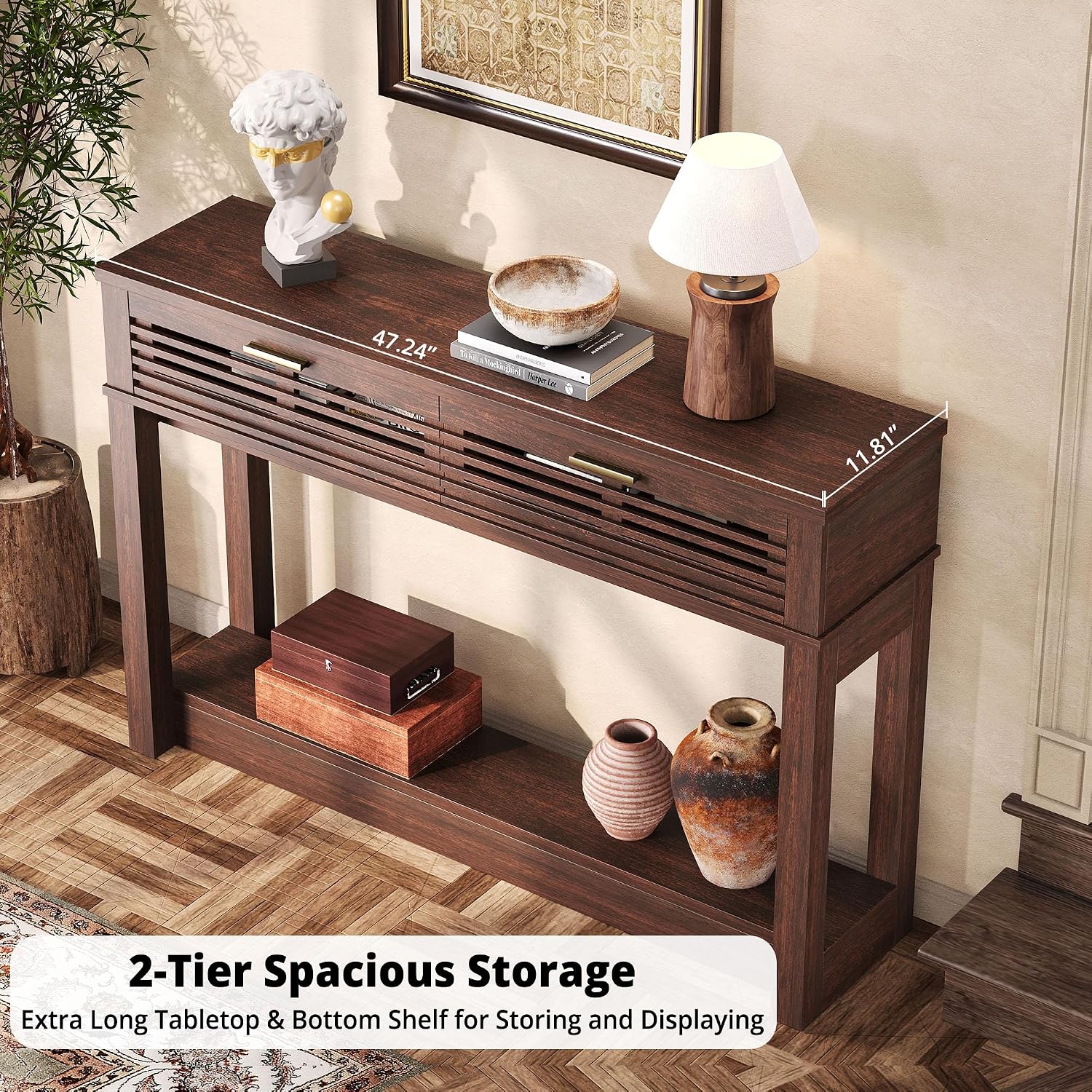 IRONCK Entryway Table, 47" Console Table with Drawer for Living Room, Wooden Sofa Table with Storage, Mid Century Modern, Red Walnut